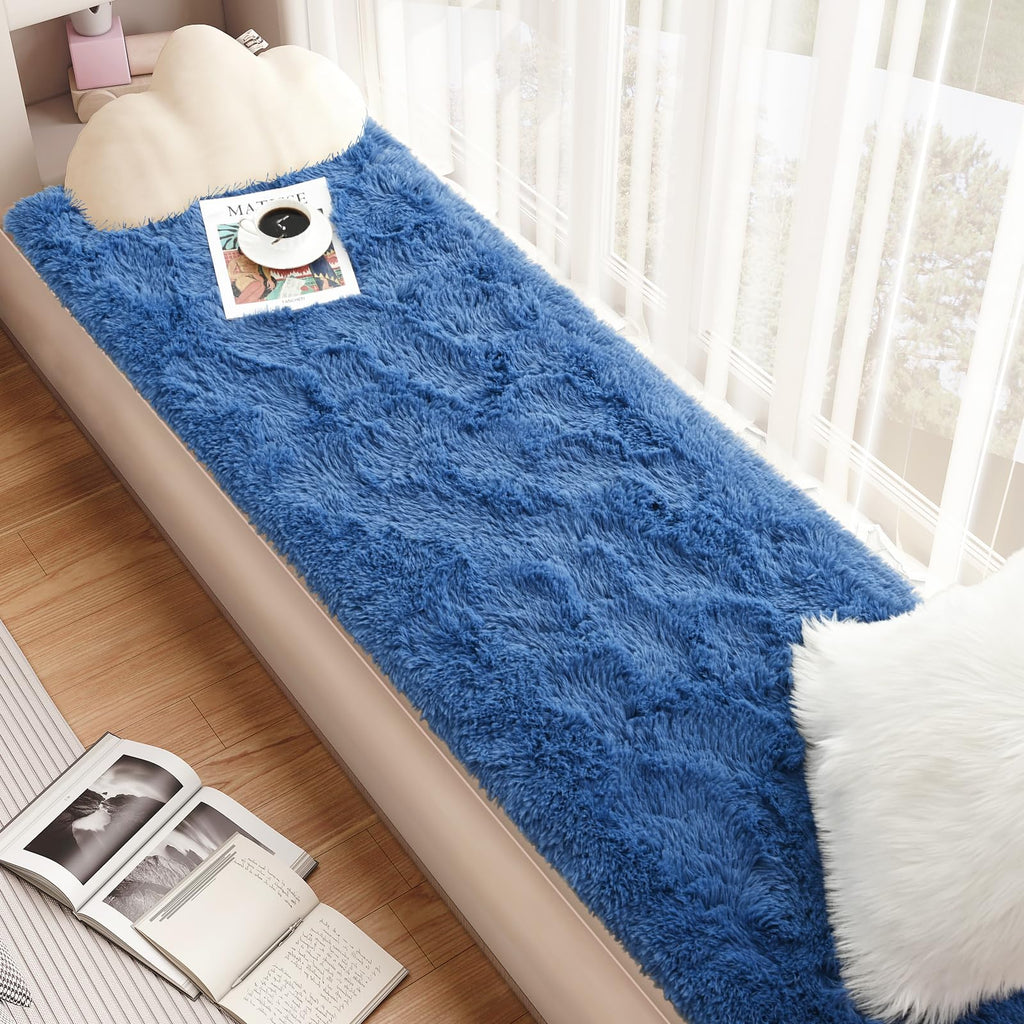 Terrug Fluffy Runner Rug For Bedroom Living Room, 2X6 Navy Area Rug Washable Shag Carpet, Super Soft Fuzzy Plush Non-Slip Cute M