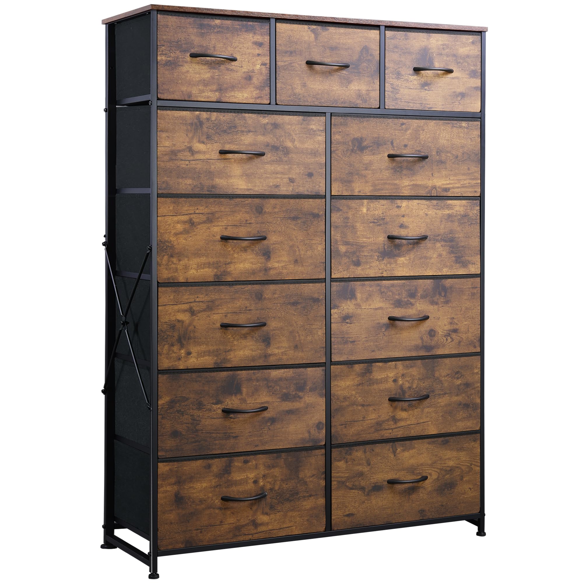 Wlive Tall Dresser For Bedroom With 13 Drawers, Storage Dresser Organizer Unit, Fabric Dresser For Bedroom, Closet, Chest Of Drawers, Steel Frame, Wood Top, Rustic Brown Wood Grain Print