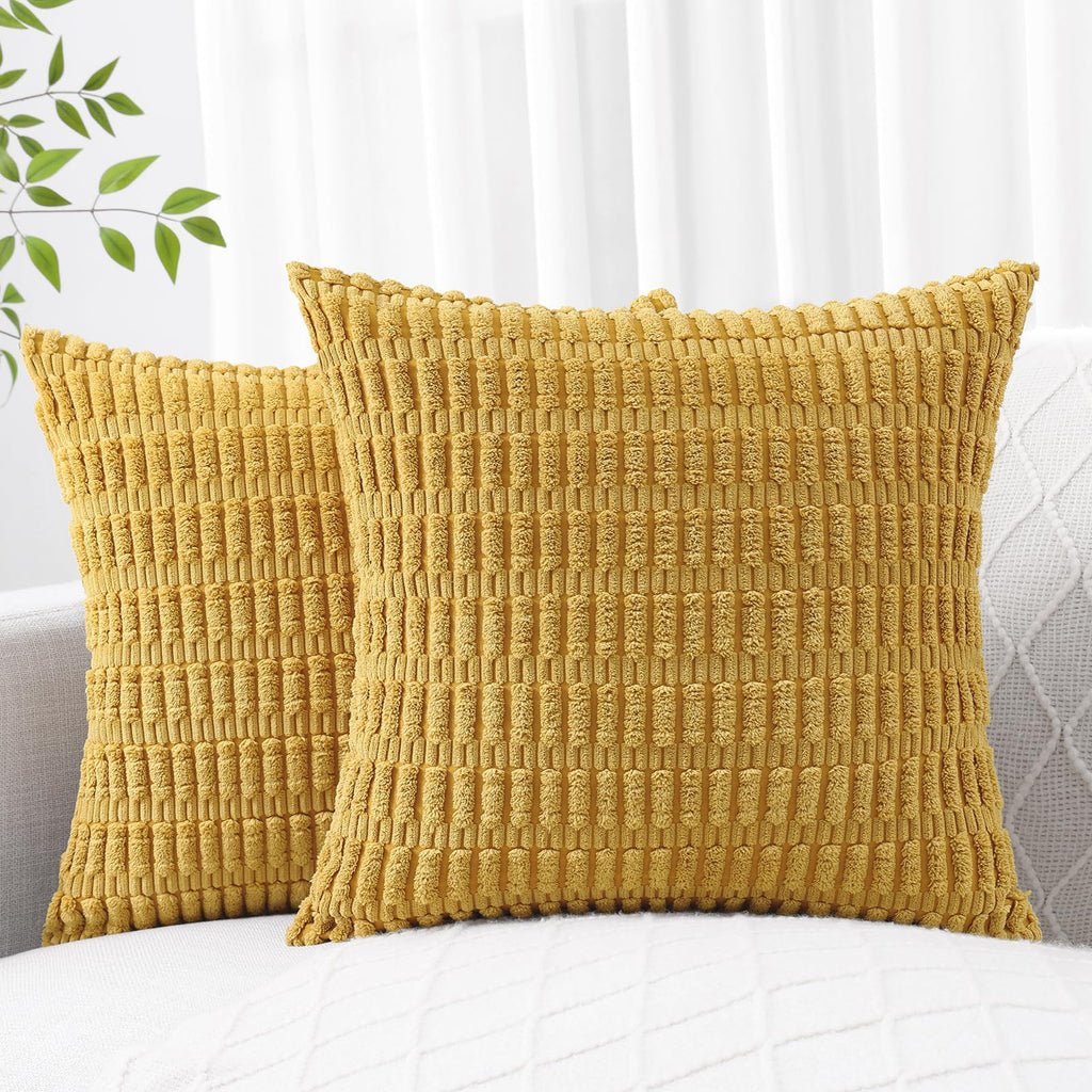 Decoruhome Mustard Yellow Decorative Throw Pillow Covers 16X16 Set Of 2, Soft Corduroy Striped Square Pillow Covers For Couch Living Room Bed Sofa