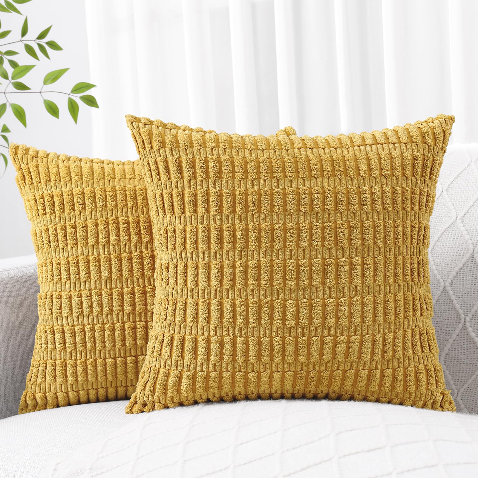Decoruhome Mustard Yellow Decorative Throw Pillow Covers 24X24 Set Of 2, Soft Corduroy Striped Square Pillow Covers For Couch Living Room Bed Sofa