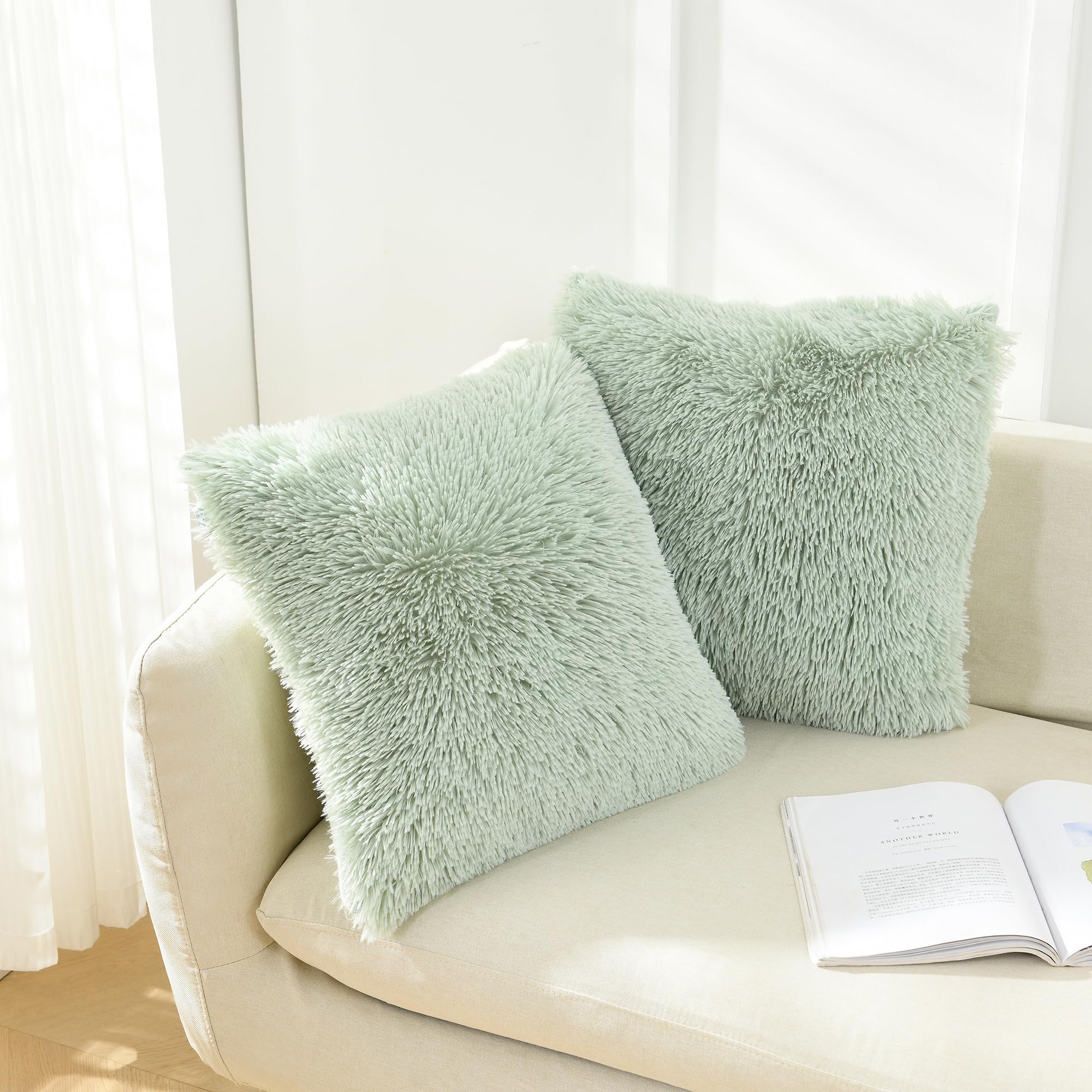 Nordeco Home Luxury Soft Faux Fur Fleece Cushion Cover Pillowcase Decorative Throw Pillows Covers,No Pillow Insert,Sage Green,2