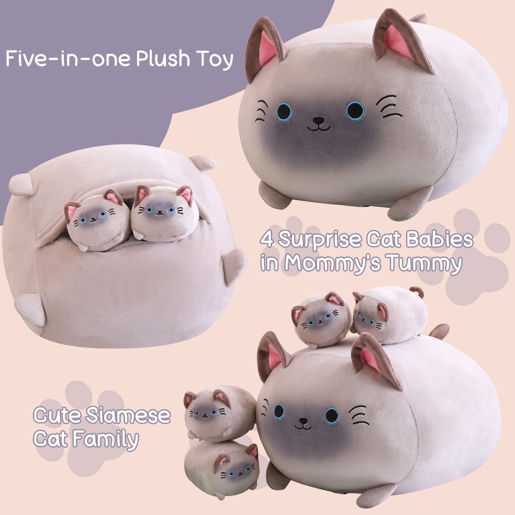 Sqeqe Siamese Cat Plush, Cute Siamese Cat Stuffed Animals Mommy With 4 Squishy Kitties In Her Tummy, Soft Siamese Cat Plushies P