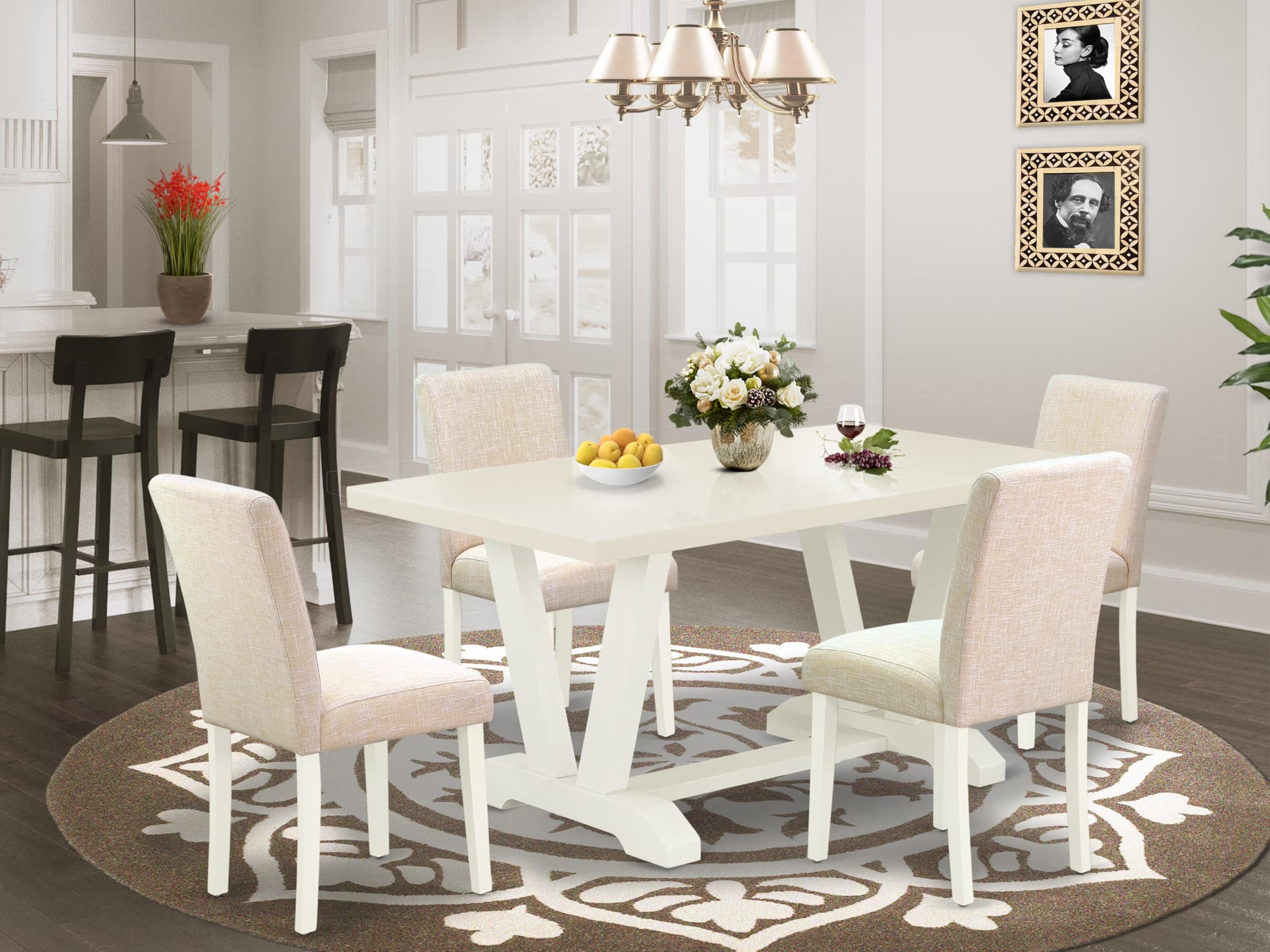 East West Furniture V026Ab202-5 5 Piece Dinette Set For 4 Includes A Rectangle Dining Room Table With V-Legs And 4 Light Beige Linen Fabric Upholstered Chairs, 36X60 Inch, Multi-Color