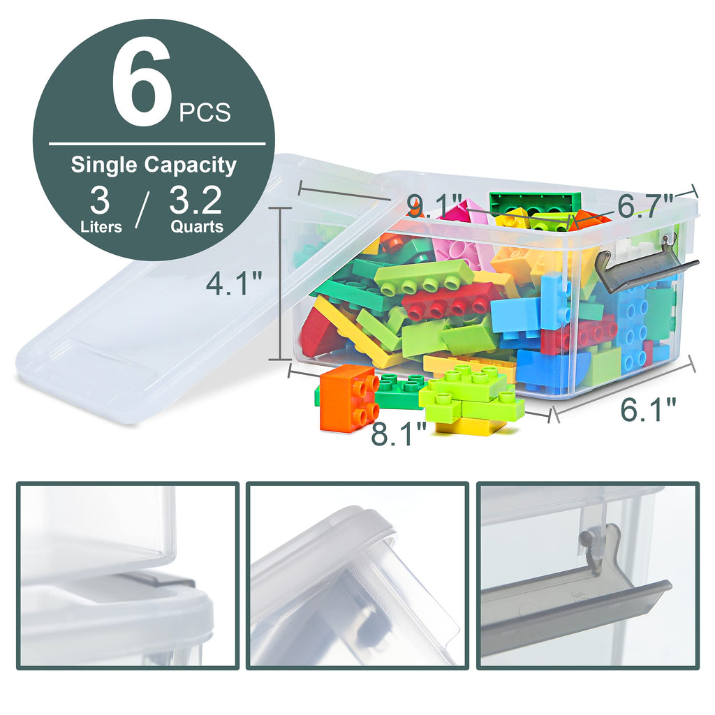 Citylife 6 Packs Small Storage Bins With Lids 3.2 Qt Plastic Storage Containers For Organizing Stackable Clear Storage Boxes