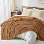 Phf Ultra Soft Flannel Fleece Blanket Queen Size, Lightweight 3D Jacquard Fleece Blanket, No Shedding, No Pilling, Luxury 340Gsm Aesthetic Fluffy Cozy Blanket For Bed Room Decor, 90'X90', Terracotta