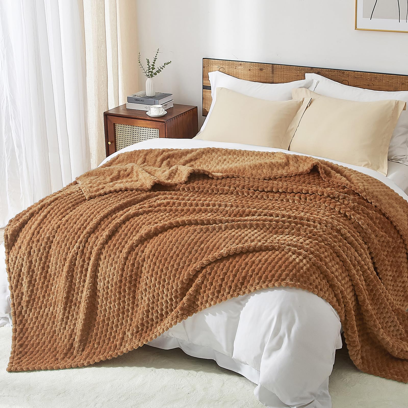 Phf Ultra Soft Flannel Fleece Blanket Queen Size, Lightweight 3D Jacquard Fleece Blanket, No Shedding, No Pilling, Luxury 340Gsm Aesthetic Fluffy Cozy Blanket For Bed Room Decor, 90'X90', Terracotta
