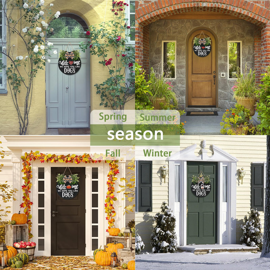 Interchangeable Wooden Seasonal Welcome Sign, Rustic Round Dogs Sign Front Door Wreaths For Home/Wall/Porch Decor, For Easter Sp