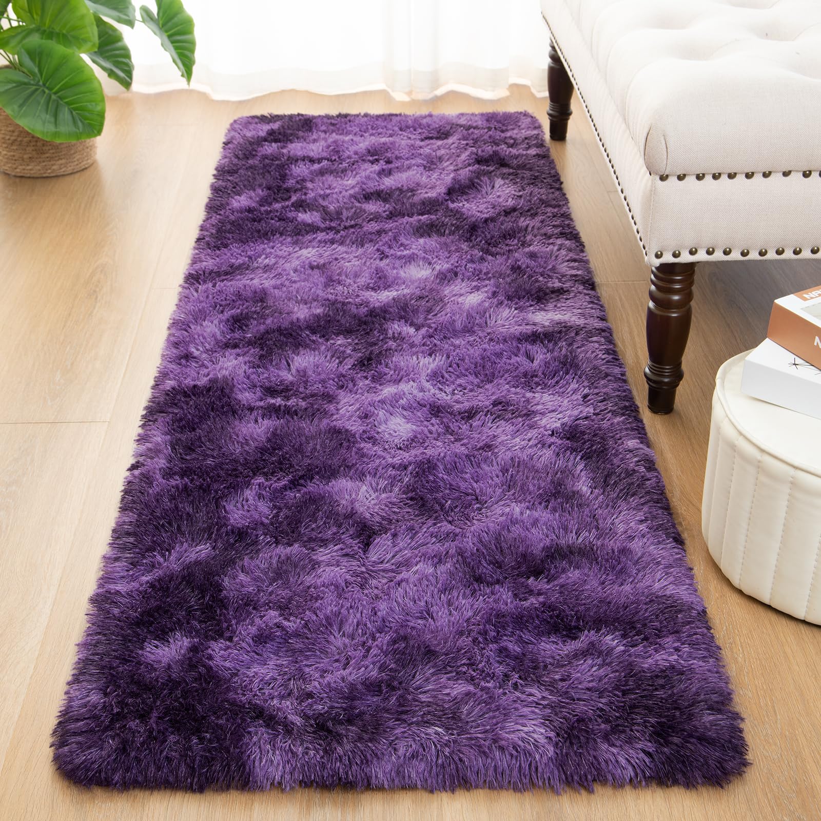 Softlife Area Rug For Bedroom, 2X6 Feet Runner Rug Plush Fluffy Rug For Living Room, Tie-Dyed Purple Shag Rug For Aesthetic Room