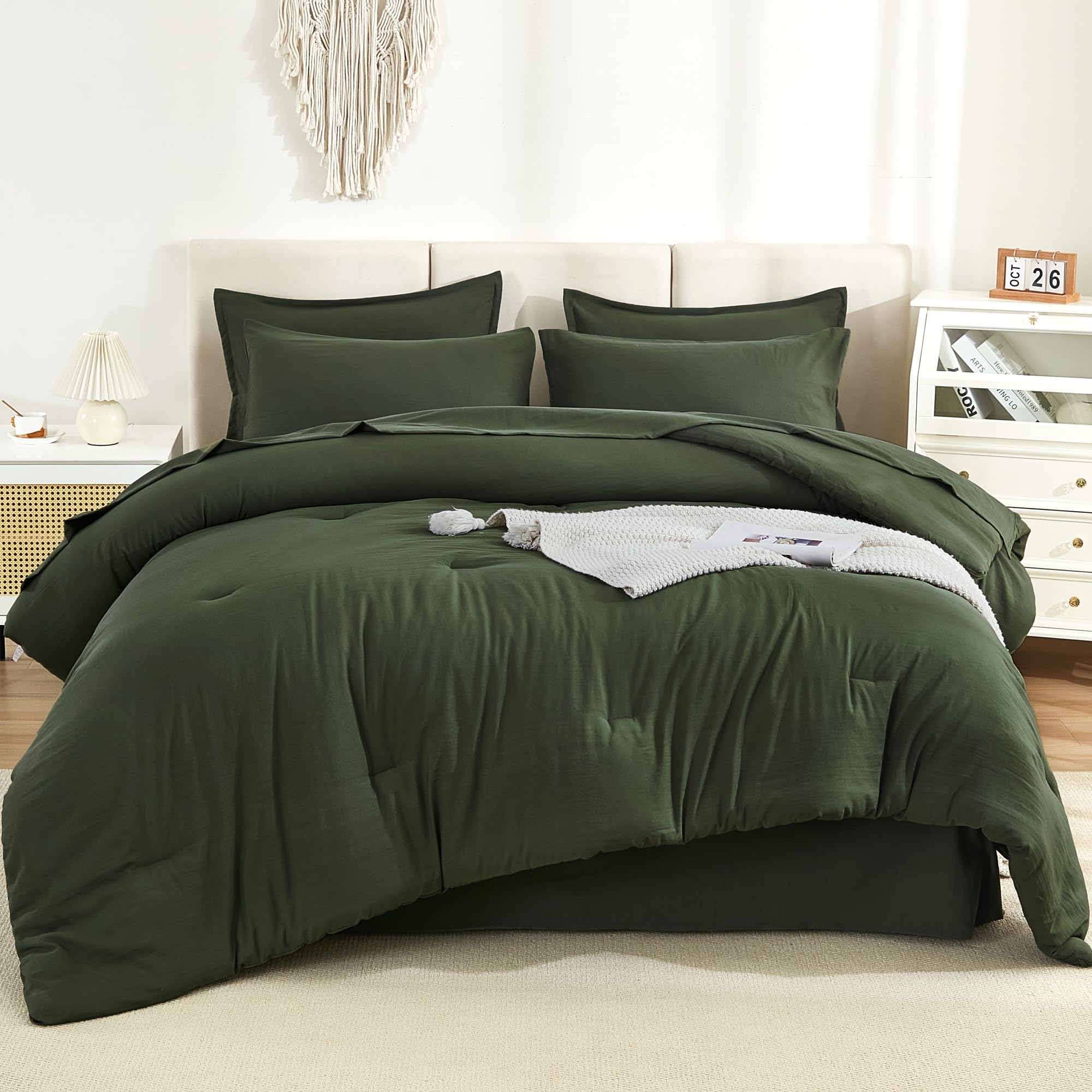 Litanika Dark Olive Green King Size Comforter Set - 7 Pieces Bed In A Bag King Beddding Comforter Sets, Plain Lightweight Bed Se