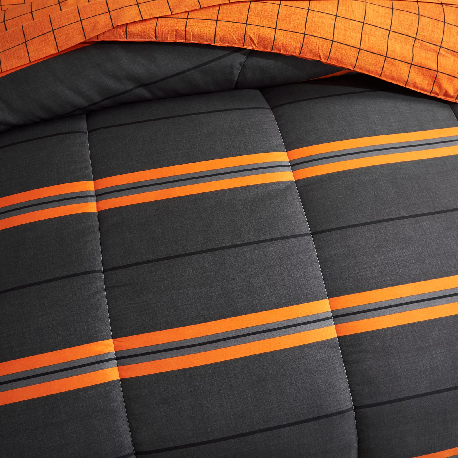 Flysheep 3 Pcs Modern Boho Halloween Comforter Set Twin Size For Kids, Bright Orange Striped On Black Dark Grey Soft Microfiber