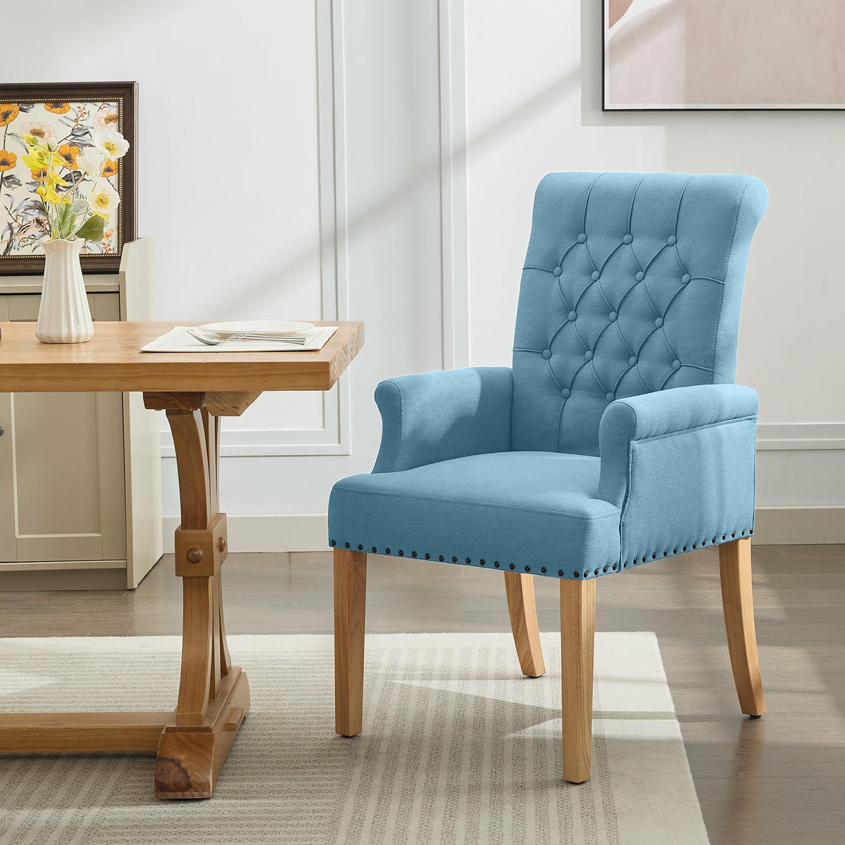 Wututuee Fabric Dining Chair With Arms, Upholstered Tufted High Back Dining Room Chairs, Accent Armchair With Solid Wood Leg And
