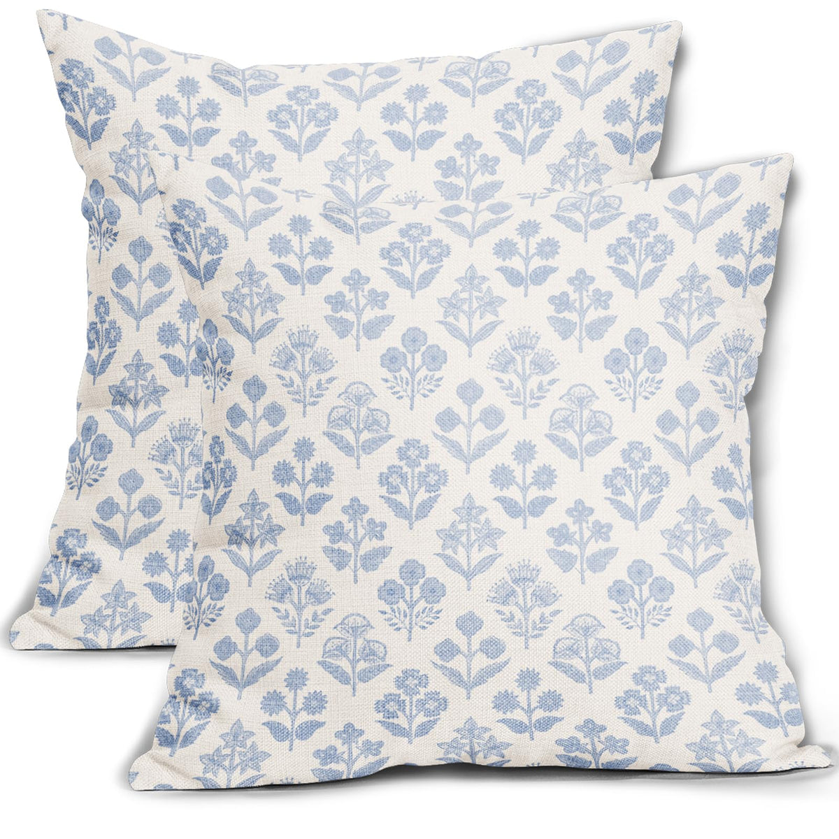 Blue Floral Pillow Covers 20x20 Inch Set of 2, Vintage Flower Block Print Pattern Decorative Throw Pillowcases Outdoor Farmhouse Cushion Covers Spring Summer Rustic Decoration Sofa Couch Bed Decor