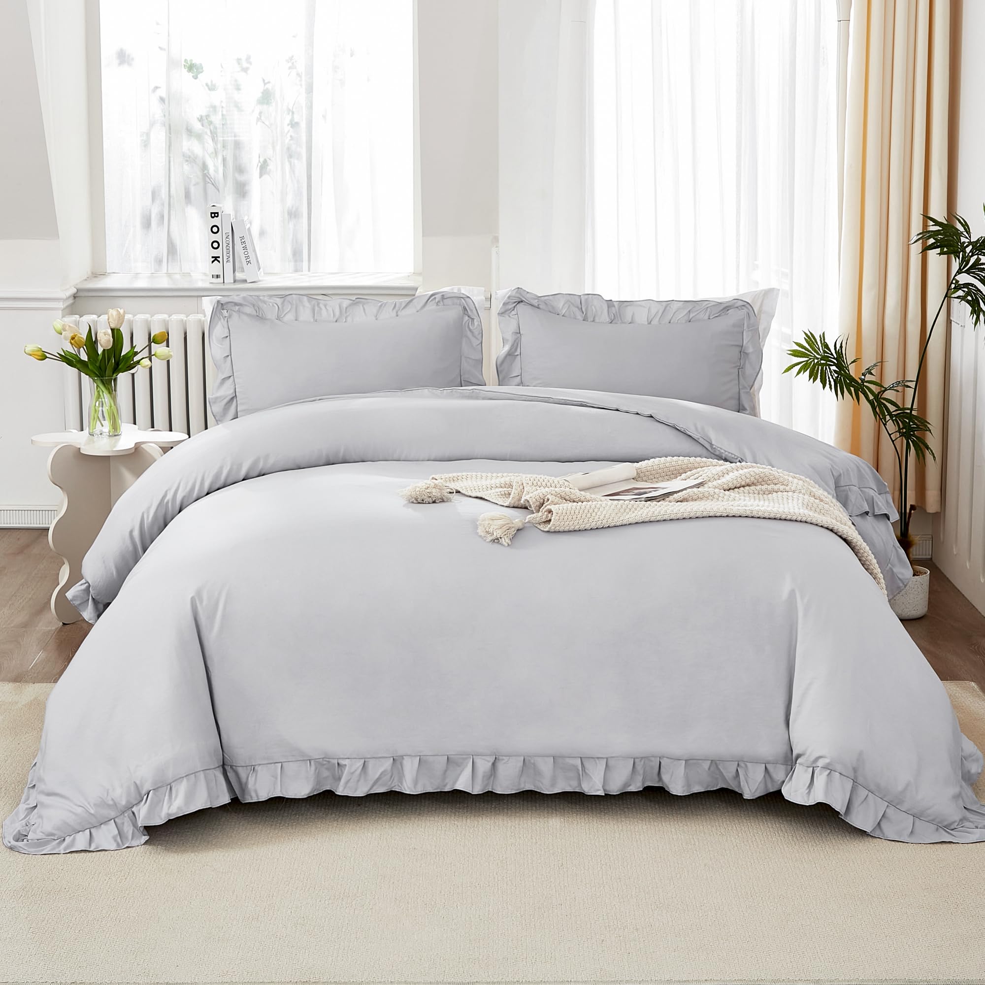 Litanika Light Grey Queen Comforter Set, 3 Pieces Ruffle Farmhouse Aesthetic Bedding Comforter Set, All Season Soft Lightweight