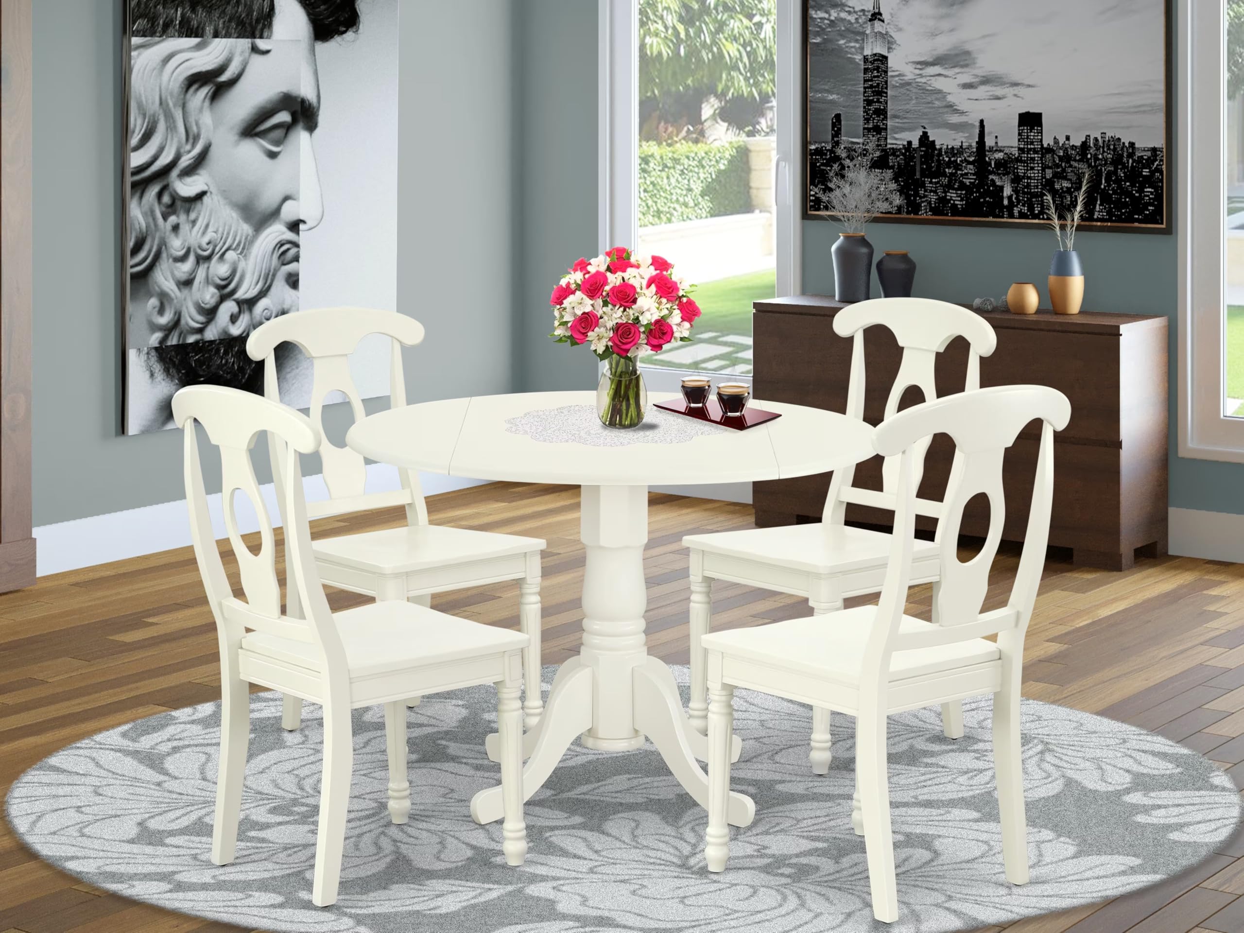 East West Furniture Dlke5-Lwh-W 5 Piece Dining Room Furniture Set Includes A Round Kitchen Table With Dropleaf And 4 Dining Chairs, 42X42 Inch, Linen White