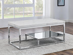 Steve Silver Company Rectangular Aston White Marble Top Cocktail Coffee Table, Marble Veneer Top, Tempered Black Glass, Chrome Sled Base, 47" L x 24" W x 20" H, White