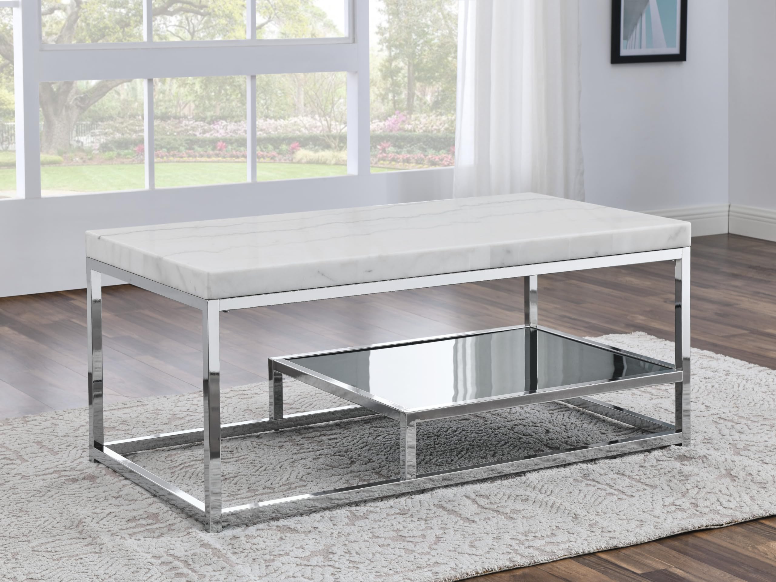 Steve Silver Company Rectangular Aston White Marble Top Cocktail Coffee Table, Marble Veneer Top, Tempered Black Glass, Chrome Sled Base, 47" L x 24" W x 20" H, White