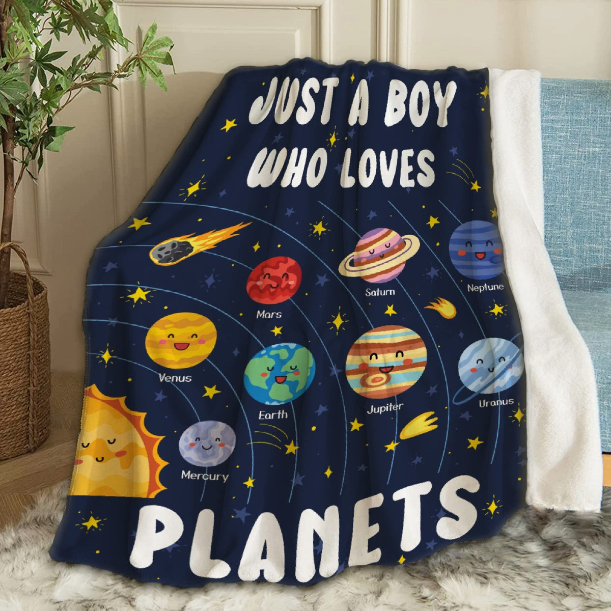 Artblanket Just A Boy Who Loves Planets Solar System Space Throw Blanket Fannel Fleece Super Soft Funny Blanket Travel Throw Bla
