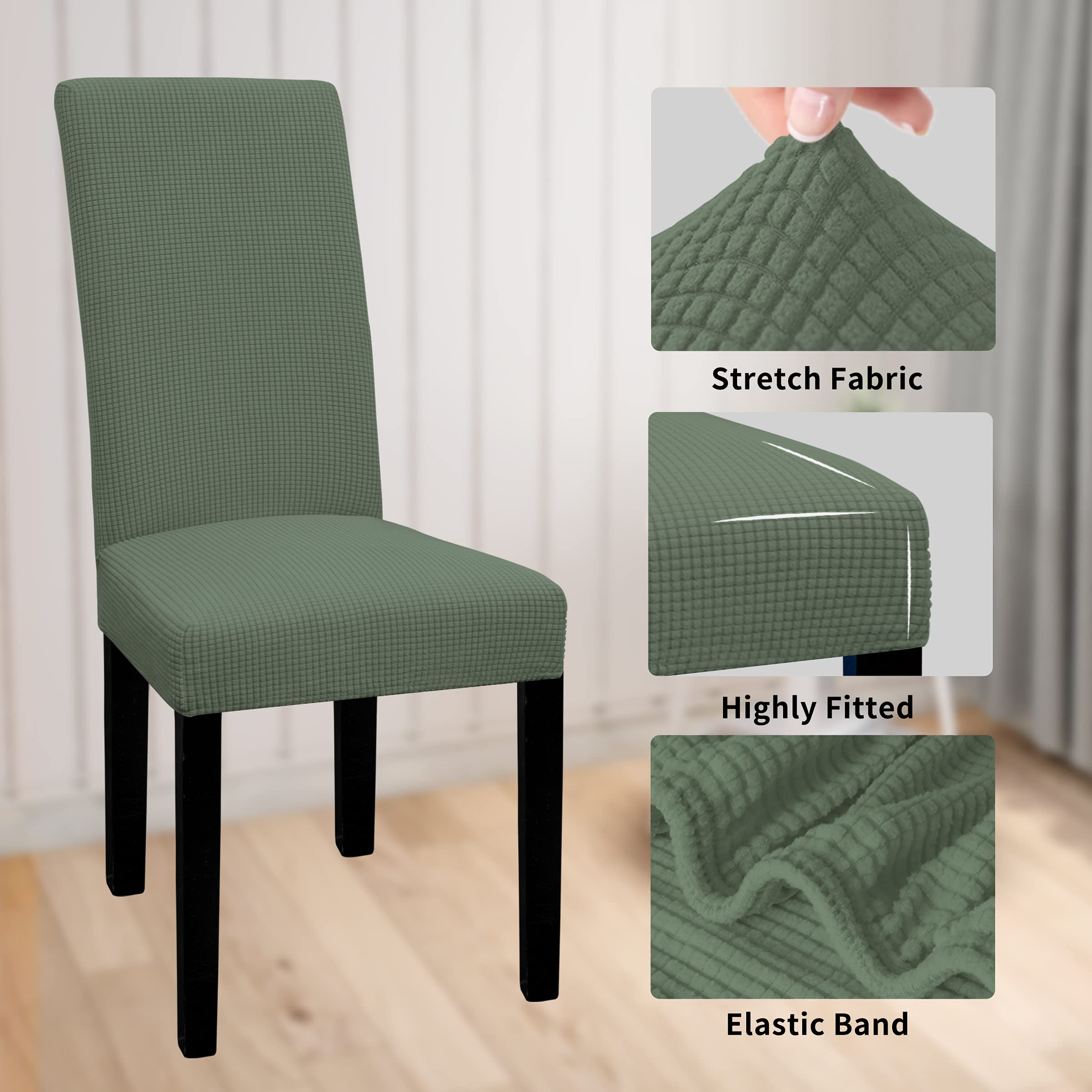 Easy-Going 100% Waterproof Dining Room Chair Cover Set Of 4, Stretch Jacquard Parson Chair Slipcover Removable Washable Chair Protector For Home, Restaurant, Banquet (Large, Grayish Green)