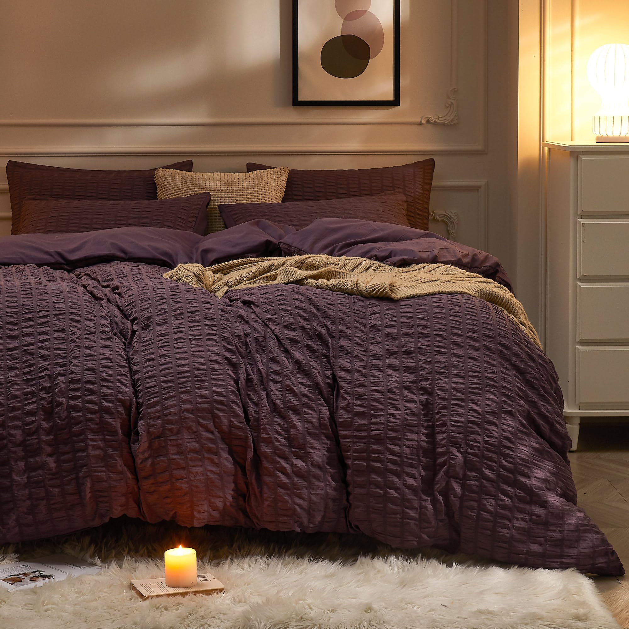 Jellymoni Purple Duvet Cover Queen Size, 3Pcs Washed Microfiber Bedding Set, Soft Breathable Seersucker Duvet Cover Set With Zip