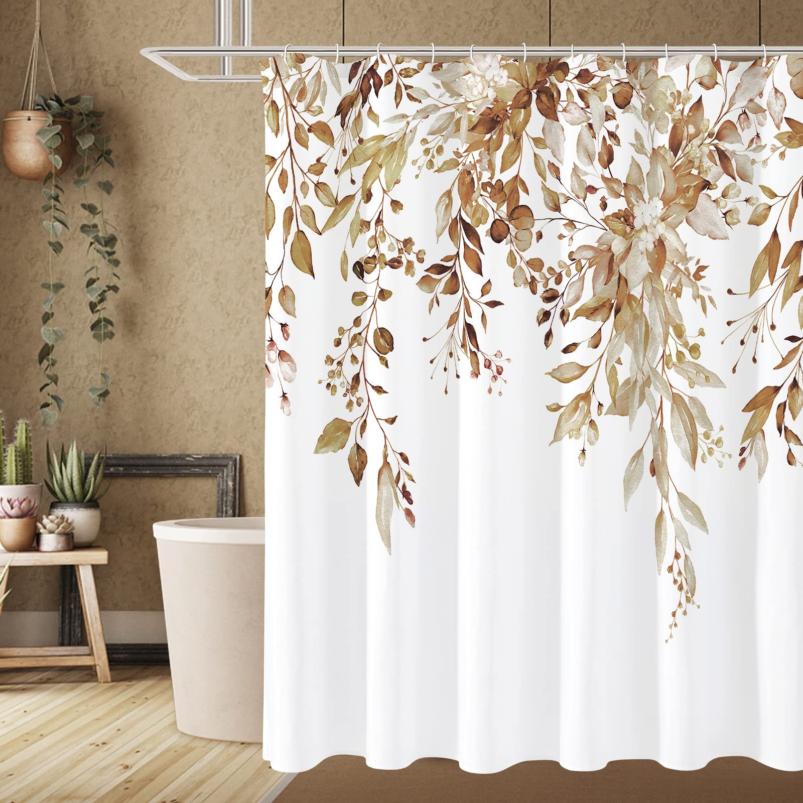 Gibelle Long Shower Curtain 72 x 78, Brown Floral Shower Curtain for Bathroom, Watercolor Plant Eucalyptus Leaves Fabric Shower 
