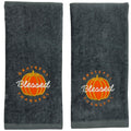 Serafina Home Fall Hand Towels: Grateful Thankful Blessed Orange Pumpkin Embroidery on Grey Cotton, 2 Piece Set, 16 x 25 Inch