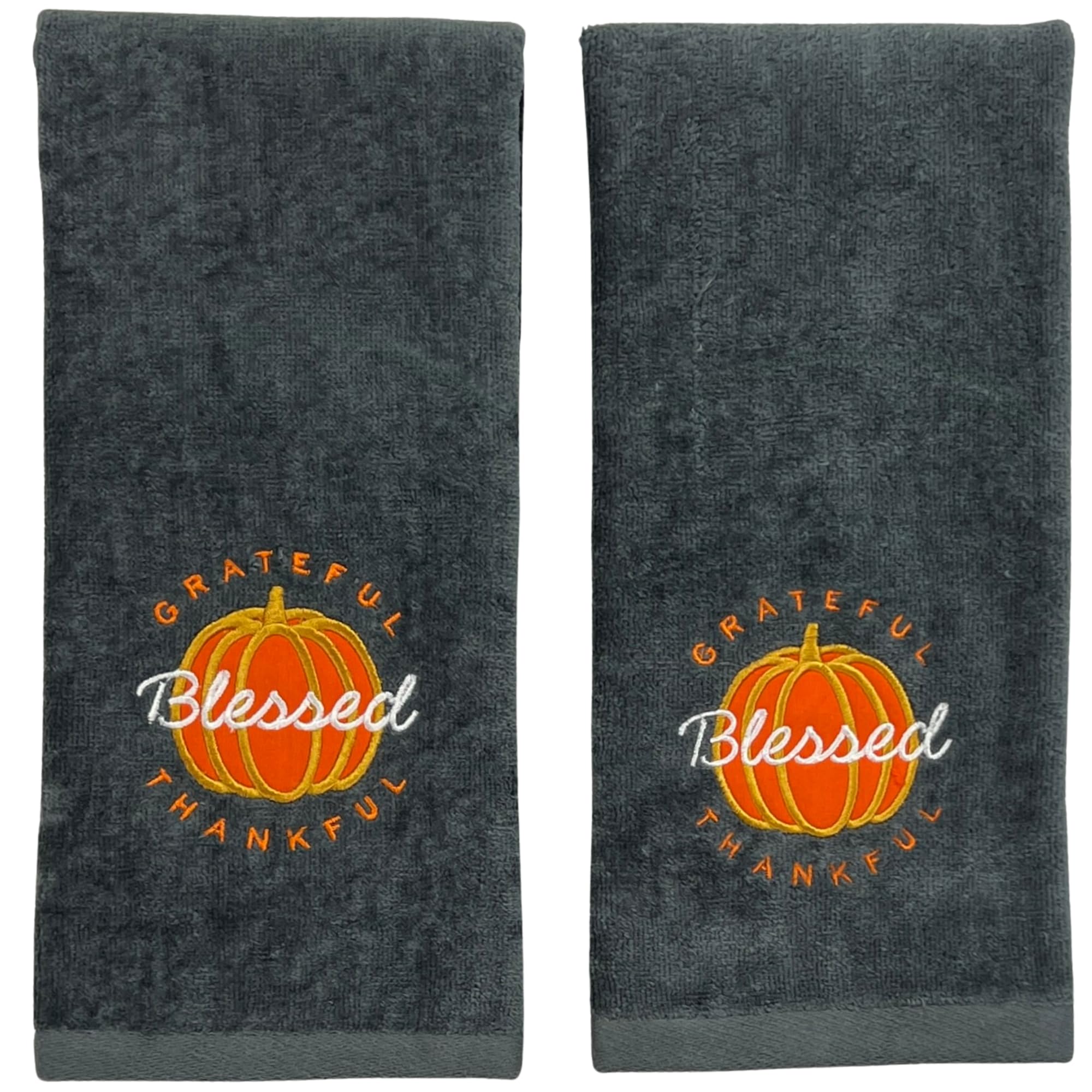 Serafina Home Fall Hand Towels: Grateful Thankful Blessed Orange Pumpkin Embroidery on Grey Cotton, 2 Piece Set, 16 x 25 Inch