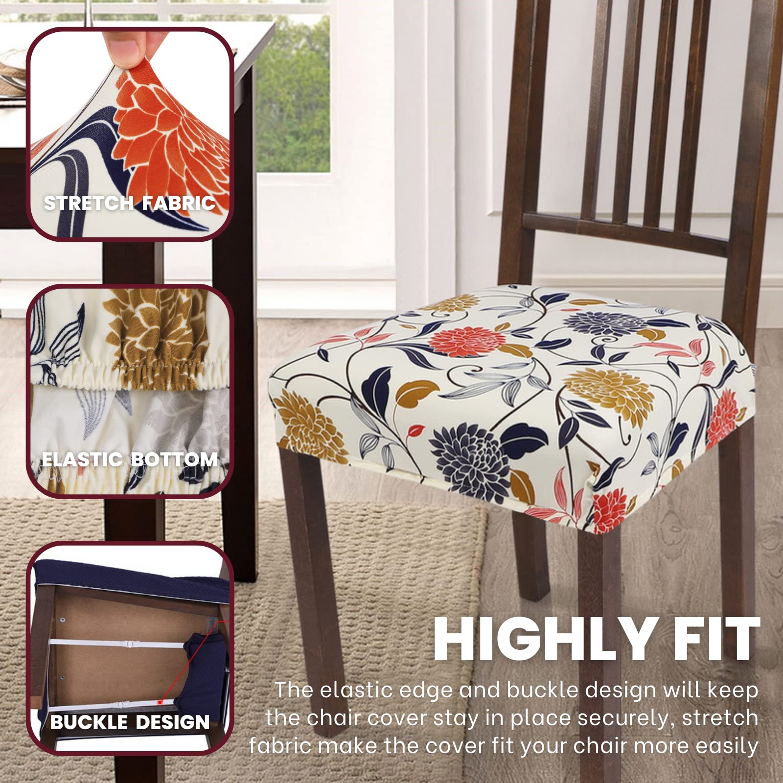 Searchi Water Repellent Dining Chair Seat Covers Set Of 6, Washable Stretch Seat Covers For Dining Chairs, Rear-Covered Dining R