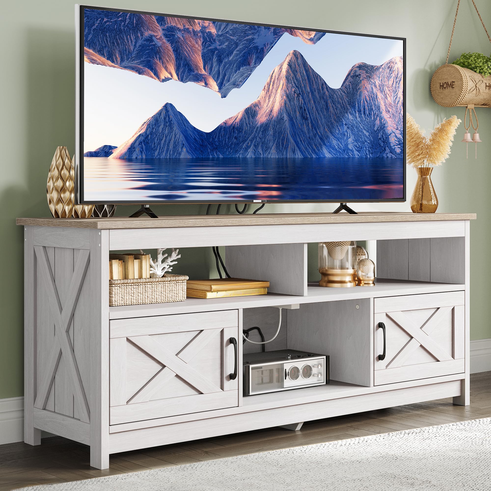 YITAHOME TV Stand for 65/55 Inch TV, Farmhouse Entertainment Center with Storage, Power Outlets and Open Shelf, Media Console TV