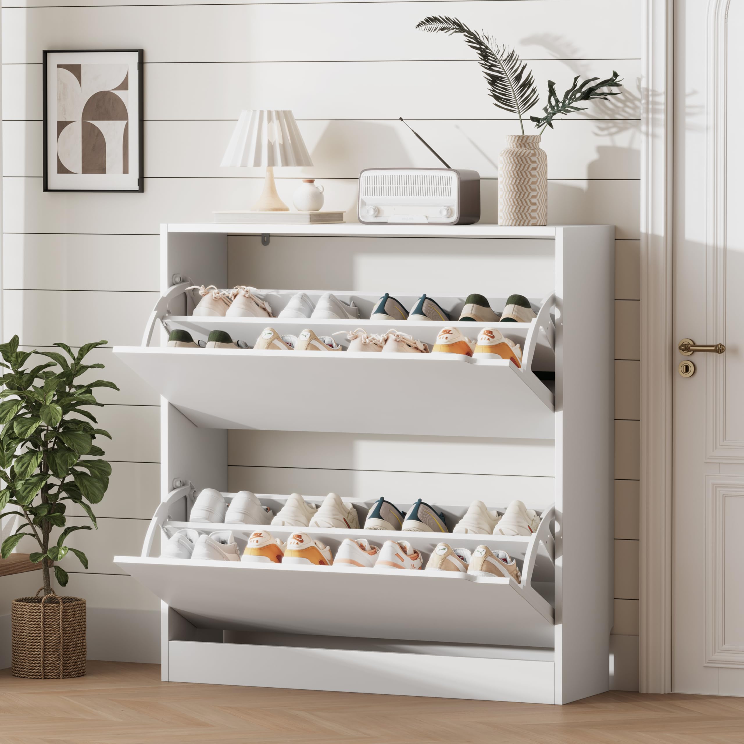 Xixini Shoe Storage Cabinet for Entryway with 2 Flip Drawers, Wood Freestanding Hidden Shoe Storage, Narrow Slim Sturdy Shoe Org