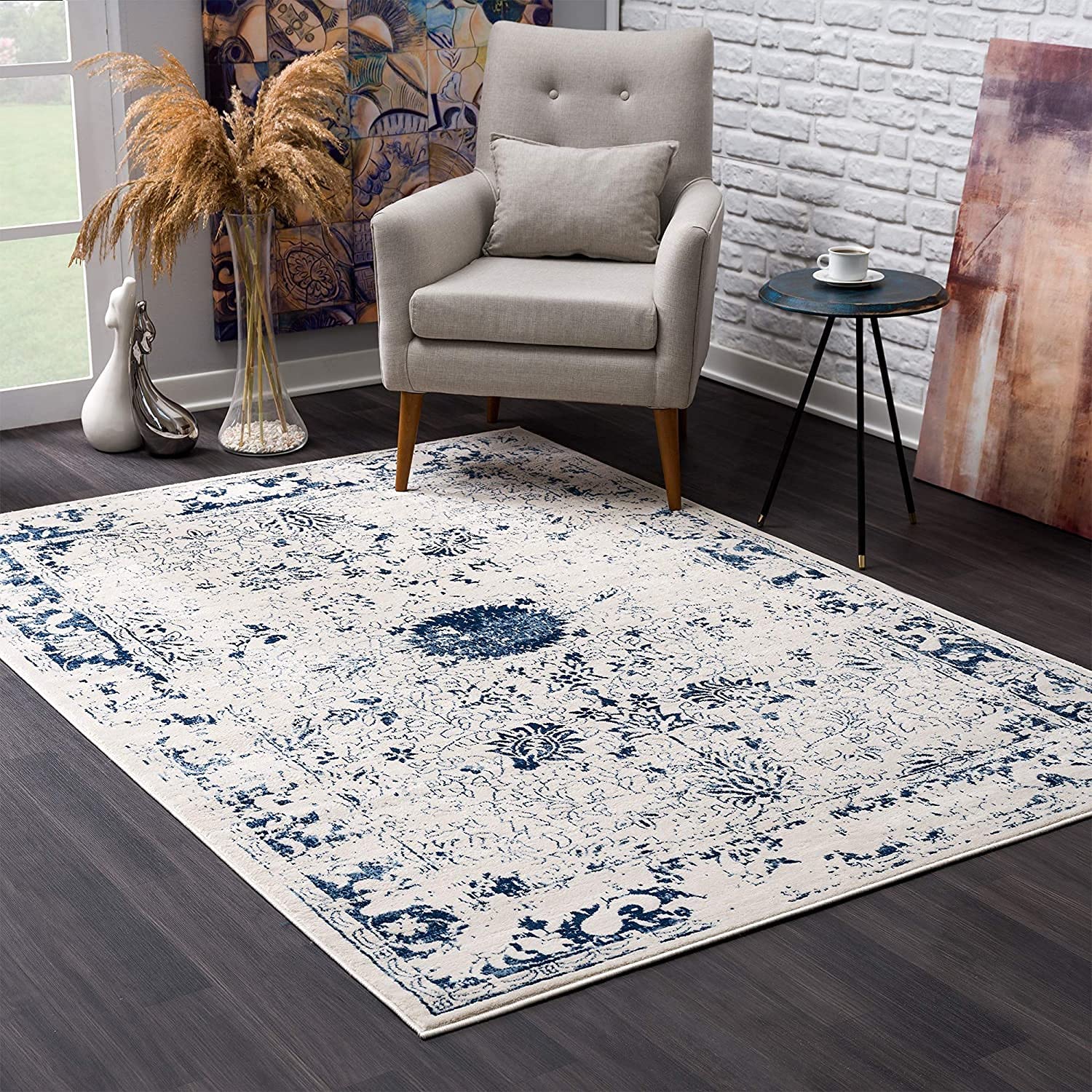 HomeRoots 100% Polypropylene 2’ x 3’ Navy Blue Distressed Floral Scatter Rug