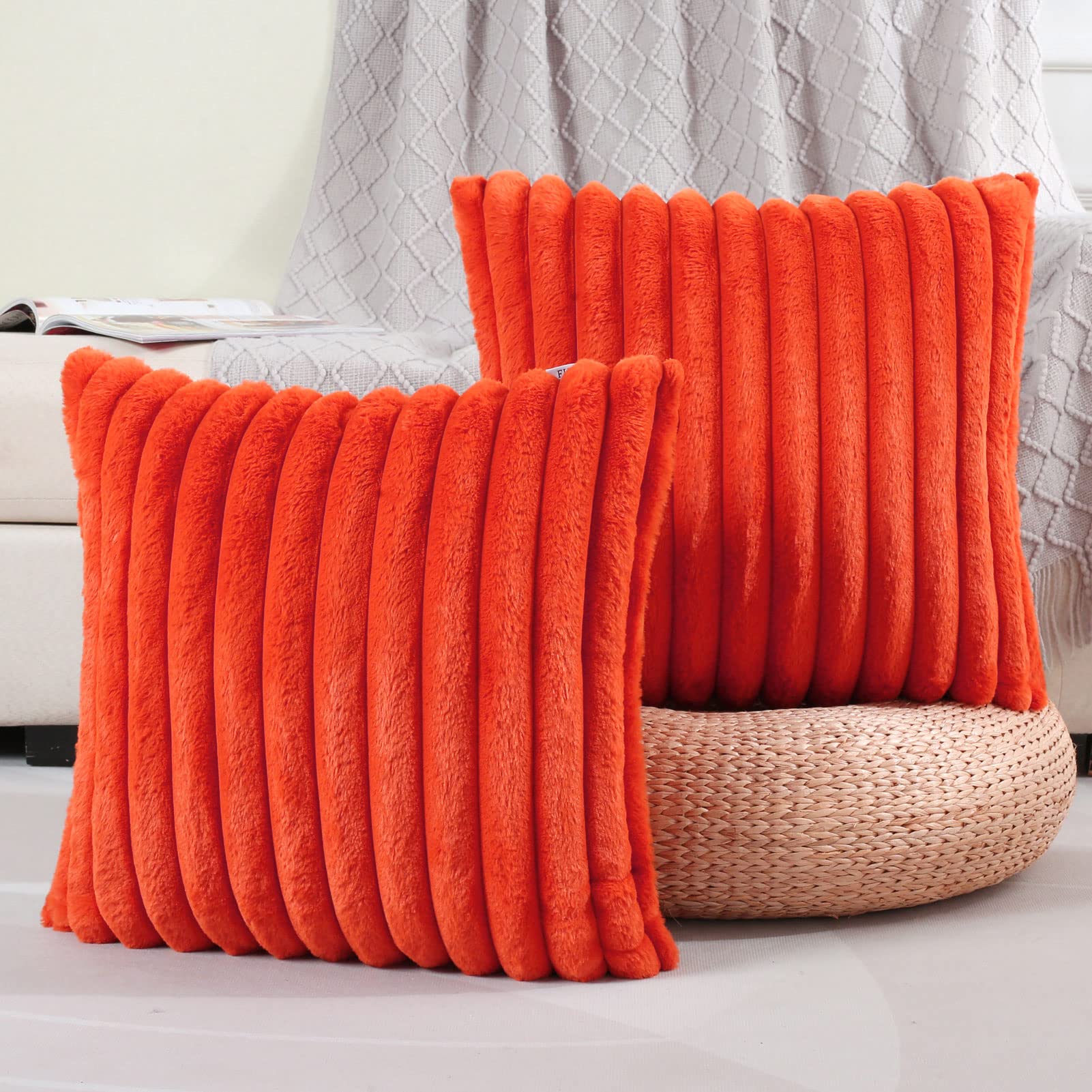 Futei Burnt Orange Striped Decorative Throw Pillow Covers 22X22 Inch Set Of 2,Square Winter Decorations Couch Pillow Case,Soft C