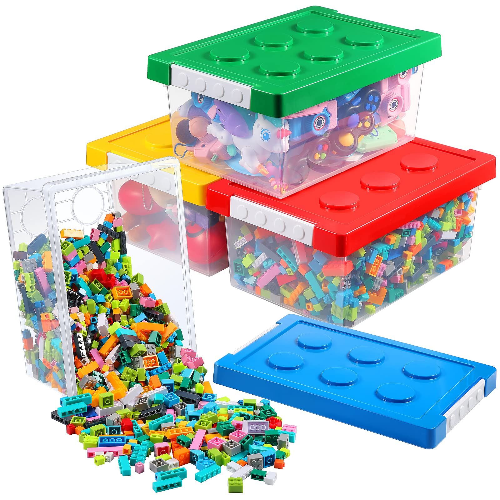 Vicenpal 4 Pack Building Toy Storage Containers with Lids Brick Shaped Kids Toy Organizers Boxes Plastic Clear Stackable Toy Bin