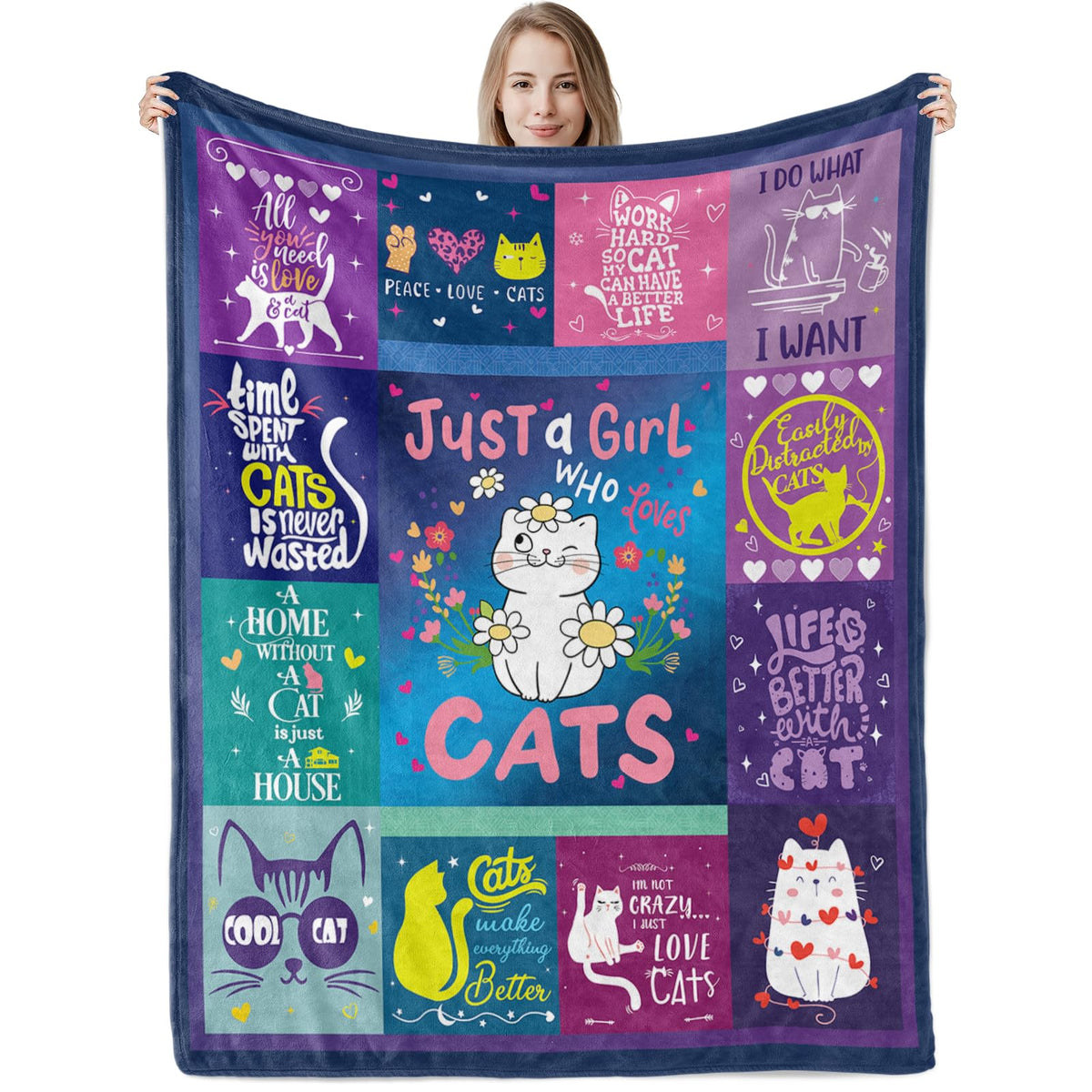 Just A Girl Who Loves Cats Throw Blankets, Cute Cat Gift Plush Flannel Blankets For Girls, Cozy Kawaii Cat Lover Kitten Fluffy F