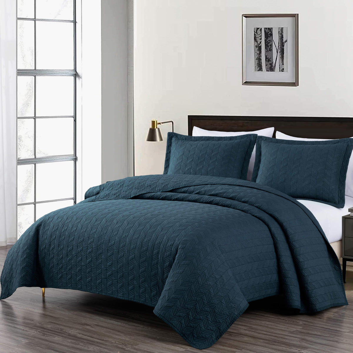 Chezmoi Collection Roswell 3-Piece 100% Cotton Quilt Set King Size, Dark Blue - Geometric Striped Quilted Lightweight Vintage Wa