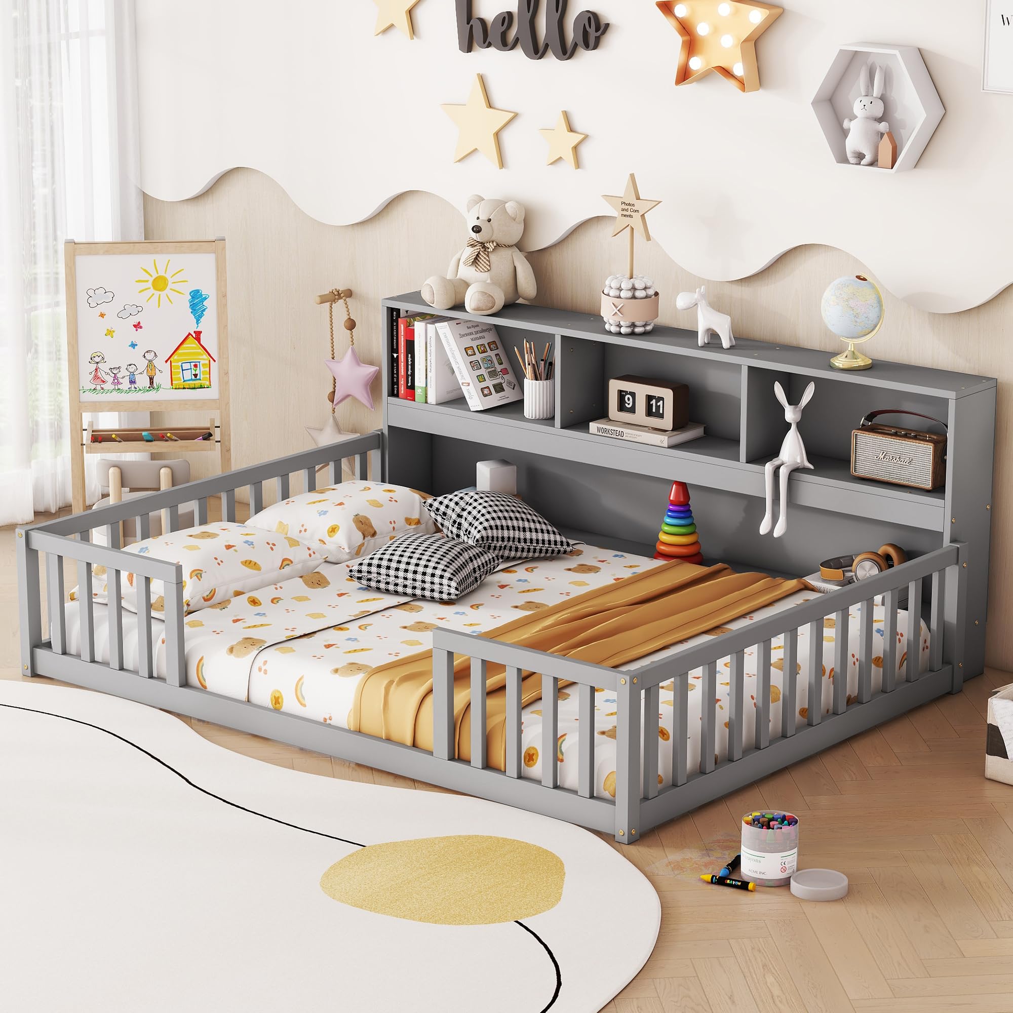 Bellemave Kids Montessori Floor Bed,Full Size Floor Bed with Bookcase and Shelves,Full Bed Frame with Guardrails for Kids,Girls,