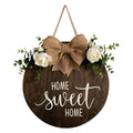 MayAvenue Home Sweet Home Wreaths Decor Sign Front Door, Round Wood Hanging Sign with Ribbon Bow and Artificial Green Leaves, Fa