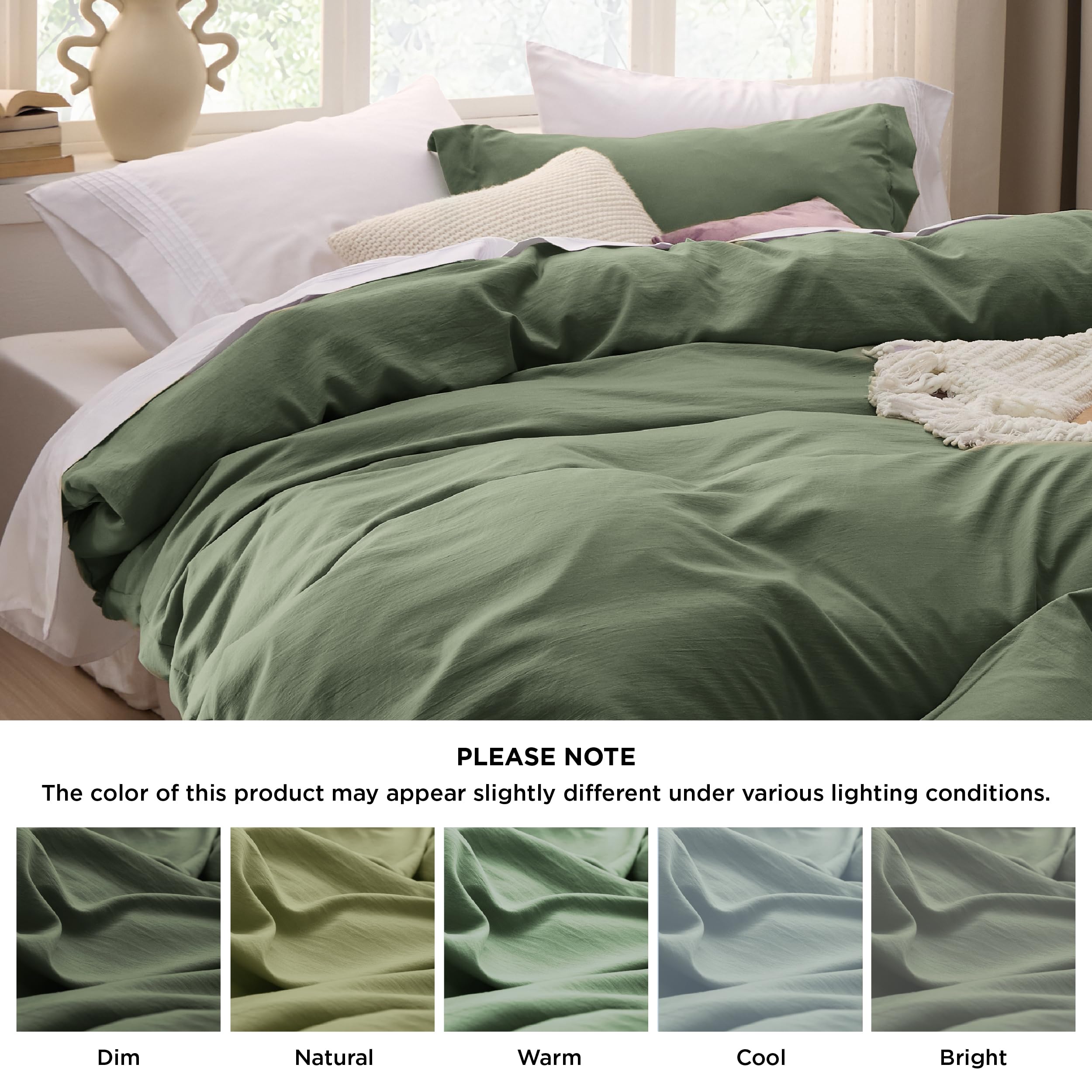 Bedsure Olive Green Queen Duvet Cover Set - Soft Prewashed Polyester, 3 Pieces (90x90 Inches) with Zipper Closure, 2 Pillow Shams