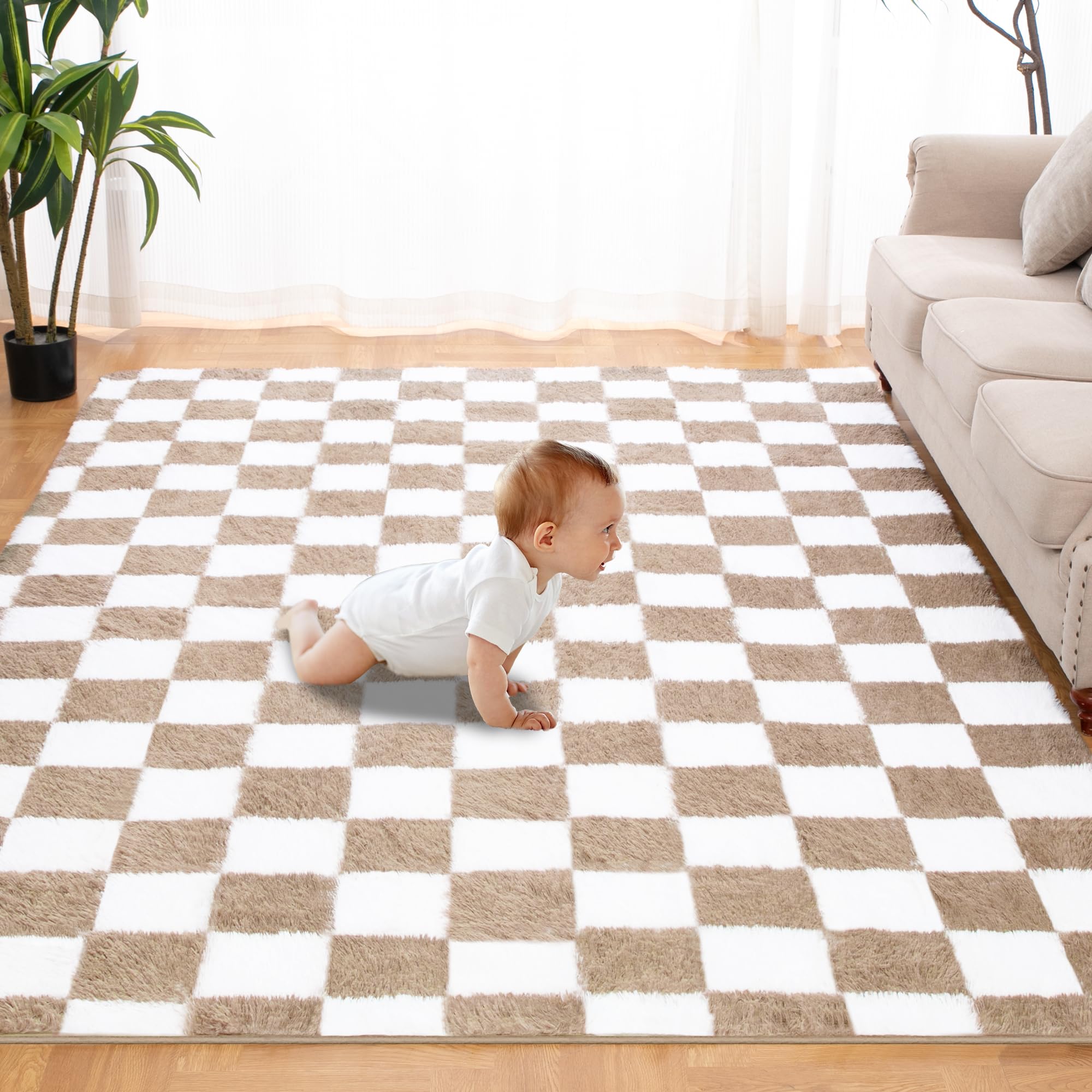 Super Soft Rug for Bedroom, 6x9 Ft Beige and White Area Rug Classic Checkered Shaggy Rug Anti-Skid High Pile Soft Fluffy Rug Fuz