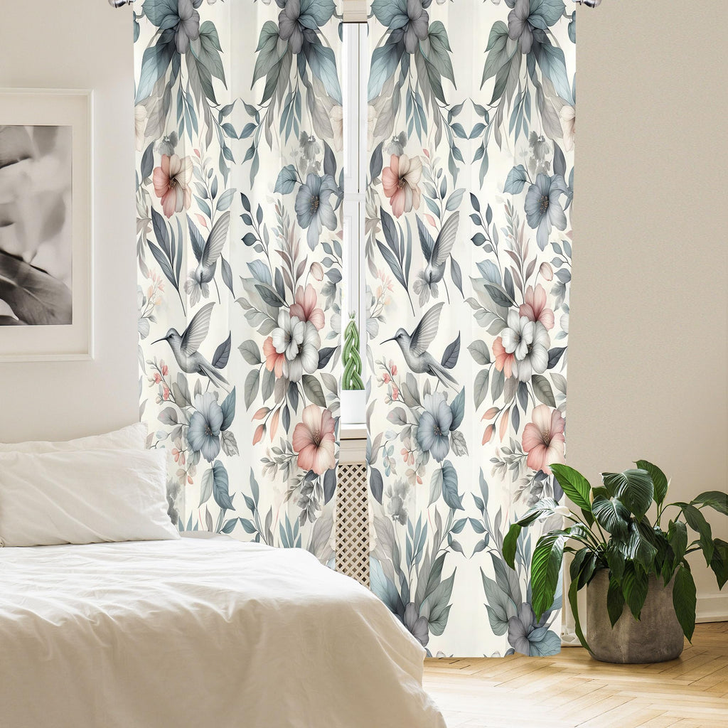 Ambesonne Birds And Nature Curtains, Muted Tone Leafy Floral Huddles With Hummingbirds Urban Jungle, Window Treatments 2 Panel S