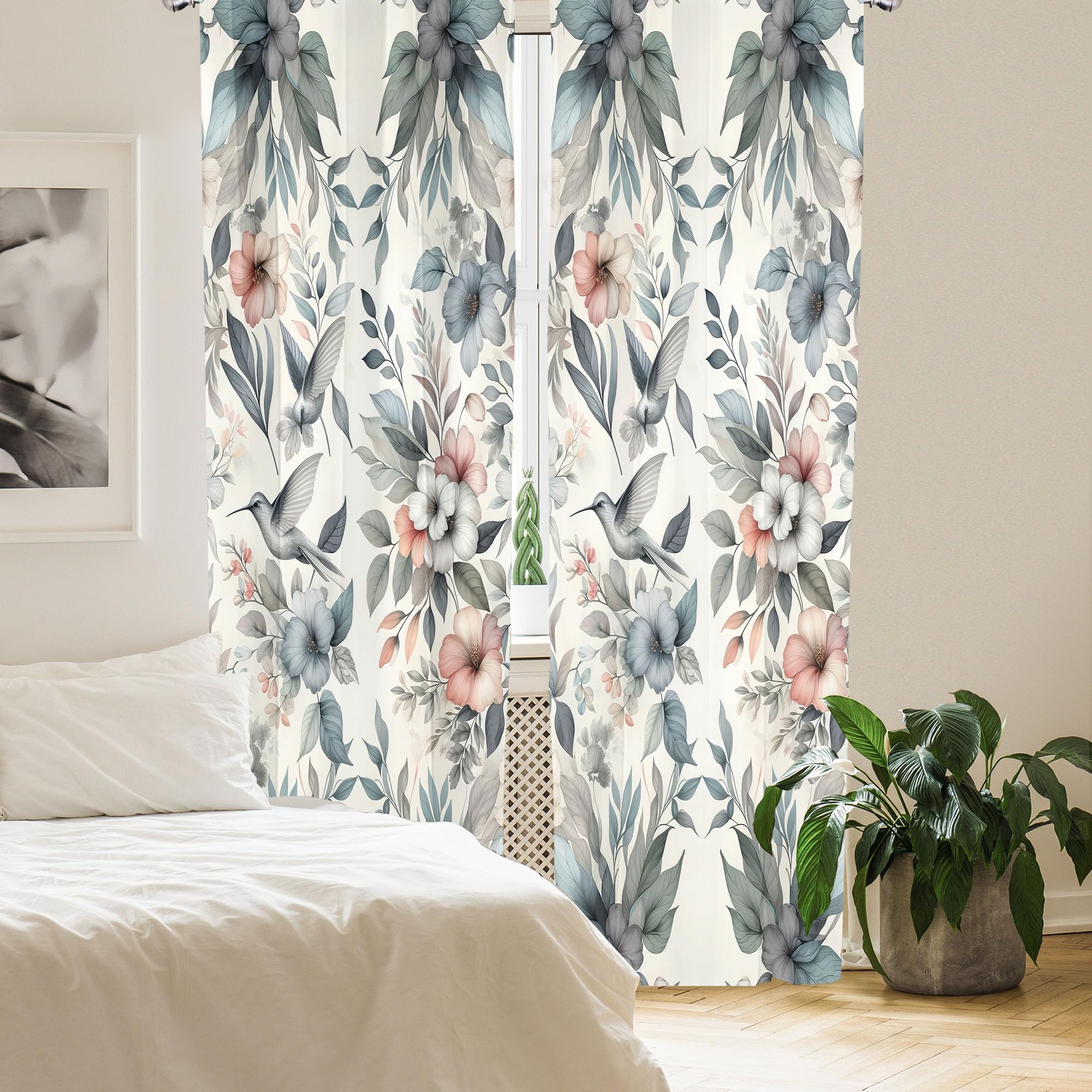 Ambesonne Birds And Nature Curtains, Muted Tone Leafy Floral Huddles With Hummingbirds Urban Jungle, Window Treatments 2 Panel S