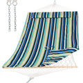 Suncreat Hammocks Outdoor Double Hammock With Hardwood Spreader Bar, Cotton Rope Hammock With Polyester Pad, Blue&Green