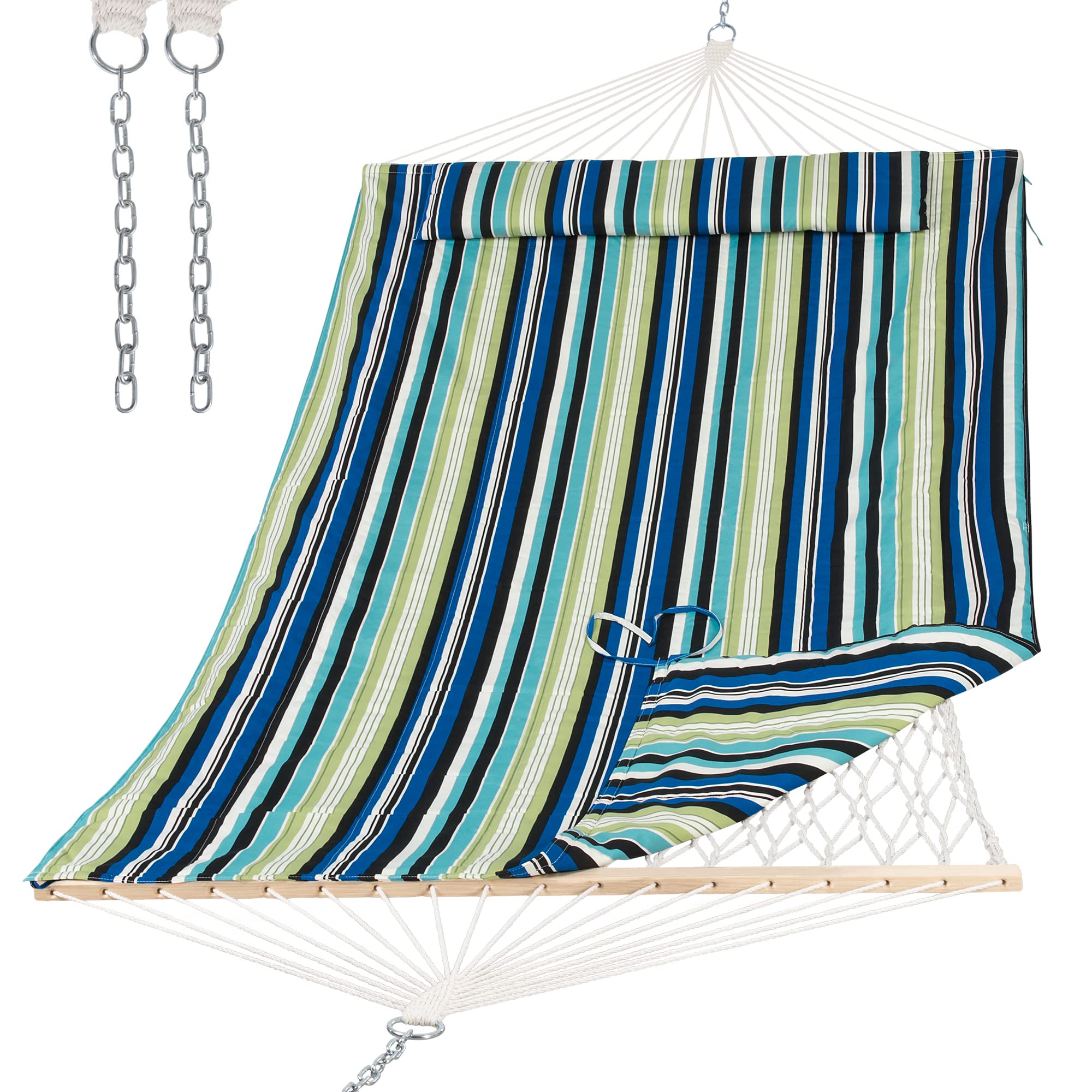Suncreat Hammocks Outdoor Double Hammock With Hardwood Spreader Bar, Cotton Rope Hammock With Polyester Pad, Blue&Green