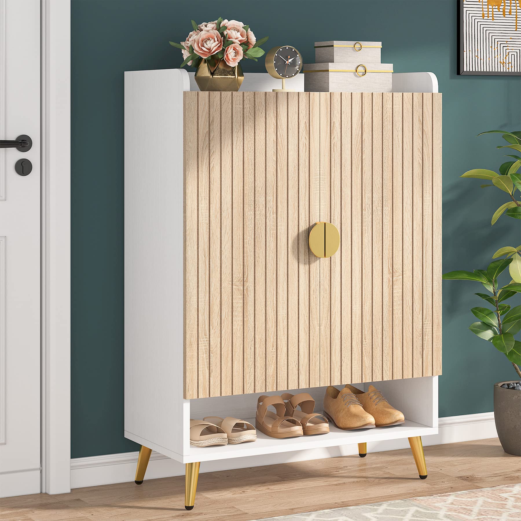 Tribesigns Shoe Cabinet with Doors, 7-Tier Shoe Storage Cabinet with Adjustable Shelves, Wooden Shoes Rack Shoe Storage Organize