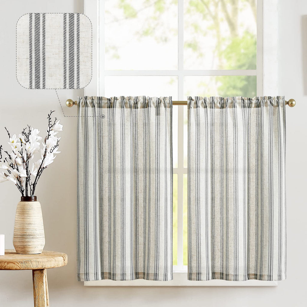 Jinchan Linen Kitchen Curtains Striped Tier Curtains 36 Inch Cafe Curtains Farmhouse Small Curtains Balanced Stripe Half Window Curtains Light Filtering For Bathroom Laundry 2 Panels Black On Beige