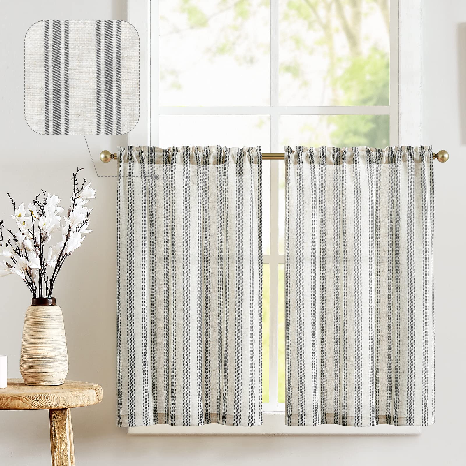 Jinchan Linen Kitchen Curtains Striped Tier Curtains 24 Inch Cafe Curtains Farmhouse Small Curtains Balanced Stripe Half Window Curtains Light Filtering For Bathroom Laundry 2 Panels Black On Beige