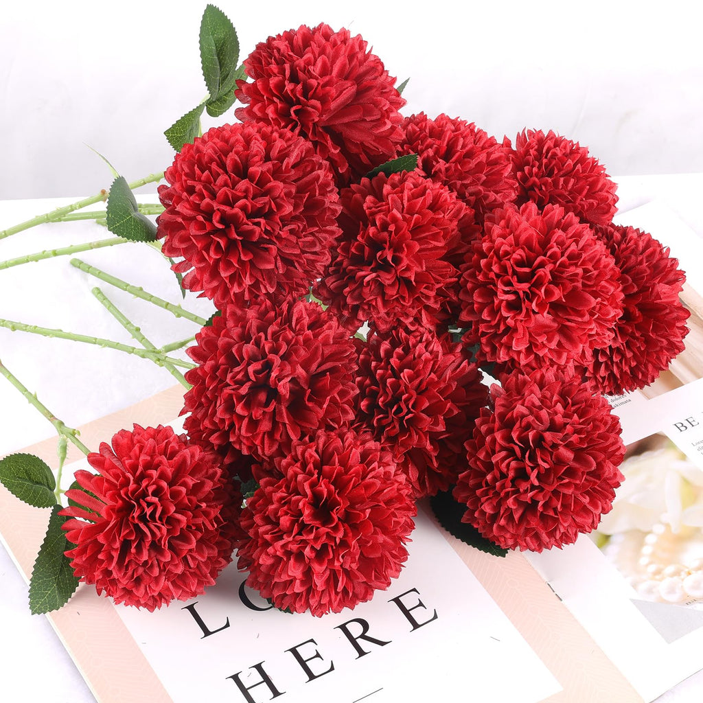 Hananona 12 Pcs Artificial Chrysanthemums Flowers Burgundy Flowers, Fake Mums Flowers Silk Flowers For Spring Home Decor Indoor