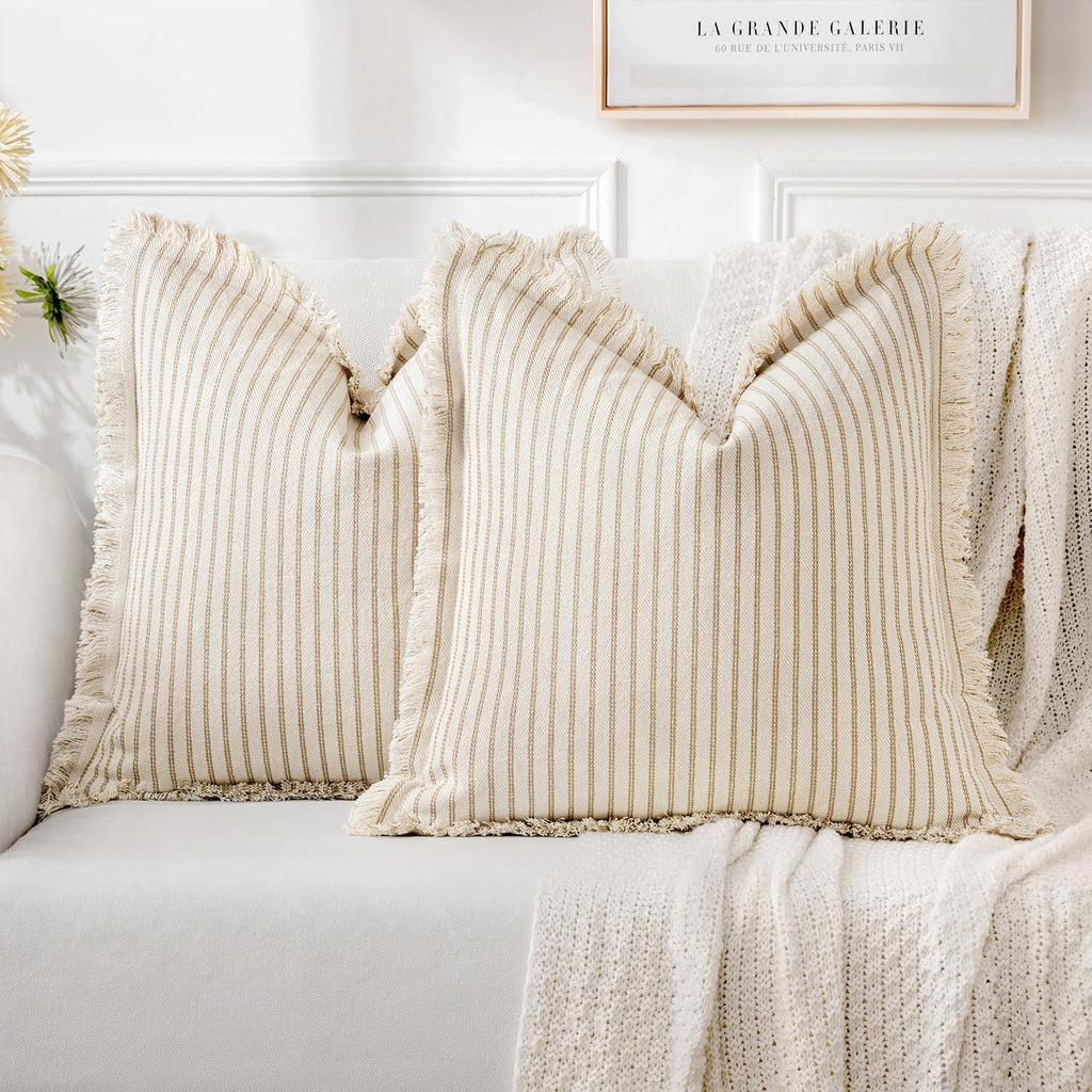 Miulee Pack Of 2 Khaki Pillow Covers 22X22 Inch Striped Farmhouse Couch Throw Pillow Covers With Fringe Chic Linen Decorative Cushion Covers For Sofa Living Room Bed Home Decor