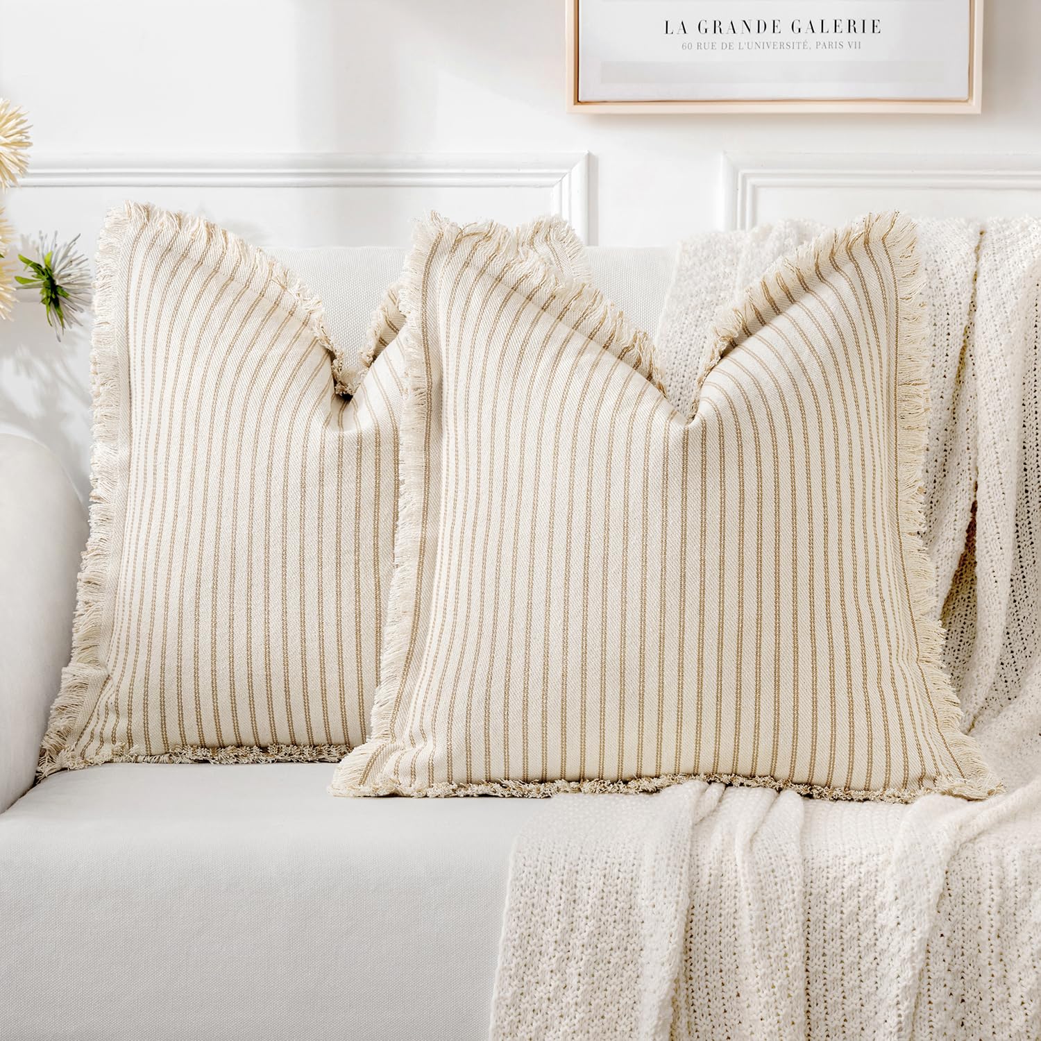 Miulee Pack Of 2 Khaki Pillow Covers 22X22 Inch Striped Farmhouse Couch Throw Pillow Covers With Fringe Chic Linen Decorative Cushion Covers For Sofa Living Room Bed Home Decor