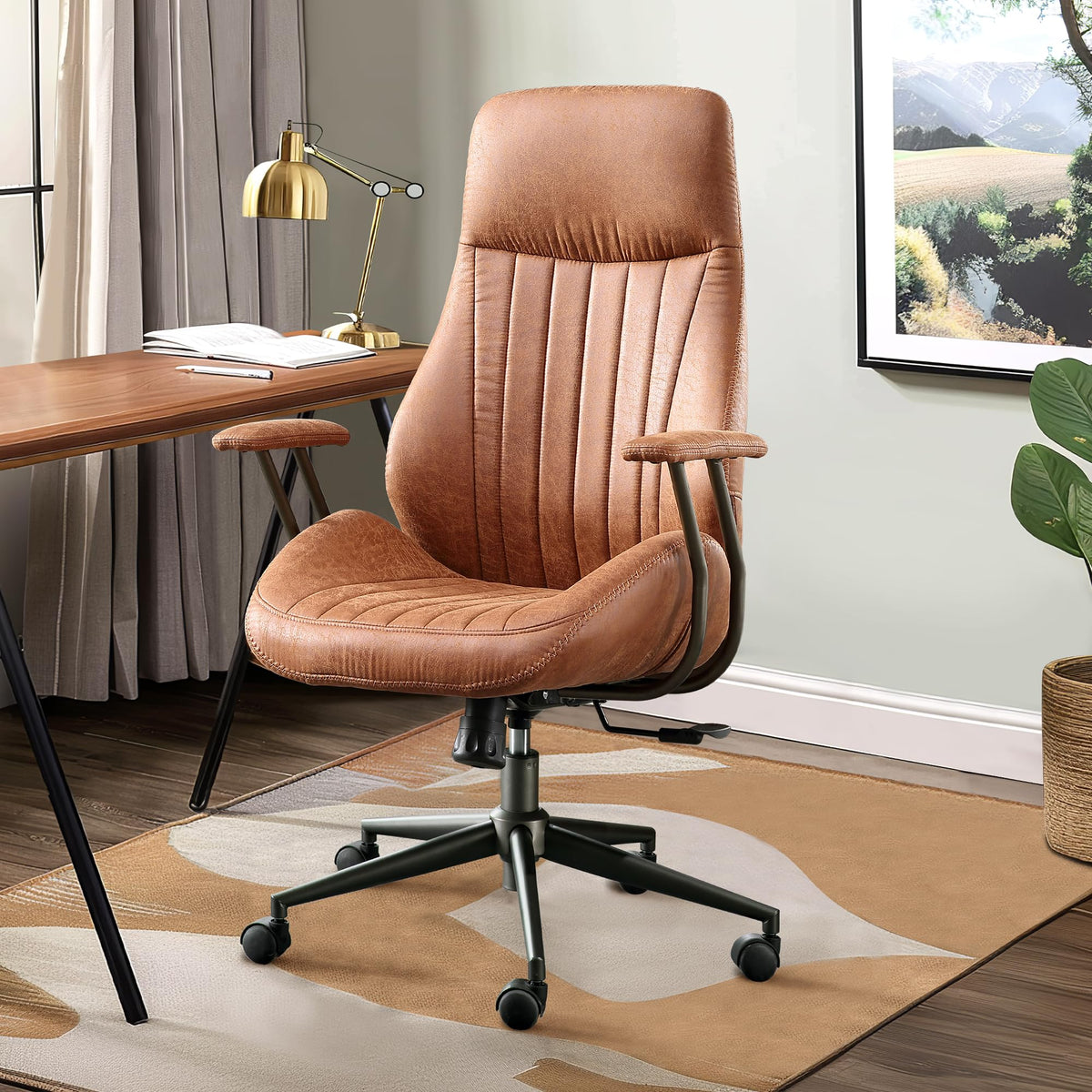 Mid Century Modren Office Chair,High Back Ergonomic Executive Chair With Lumbar Support, Computer Desk Swivel Task Chair With Wh