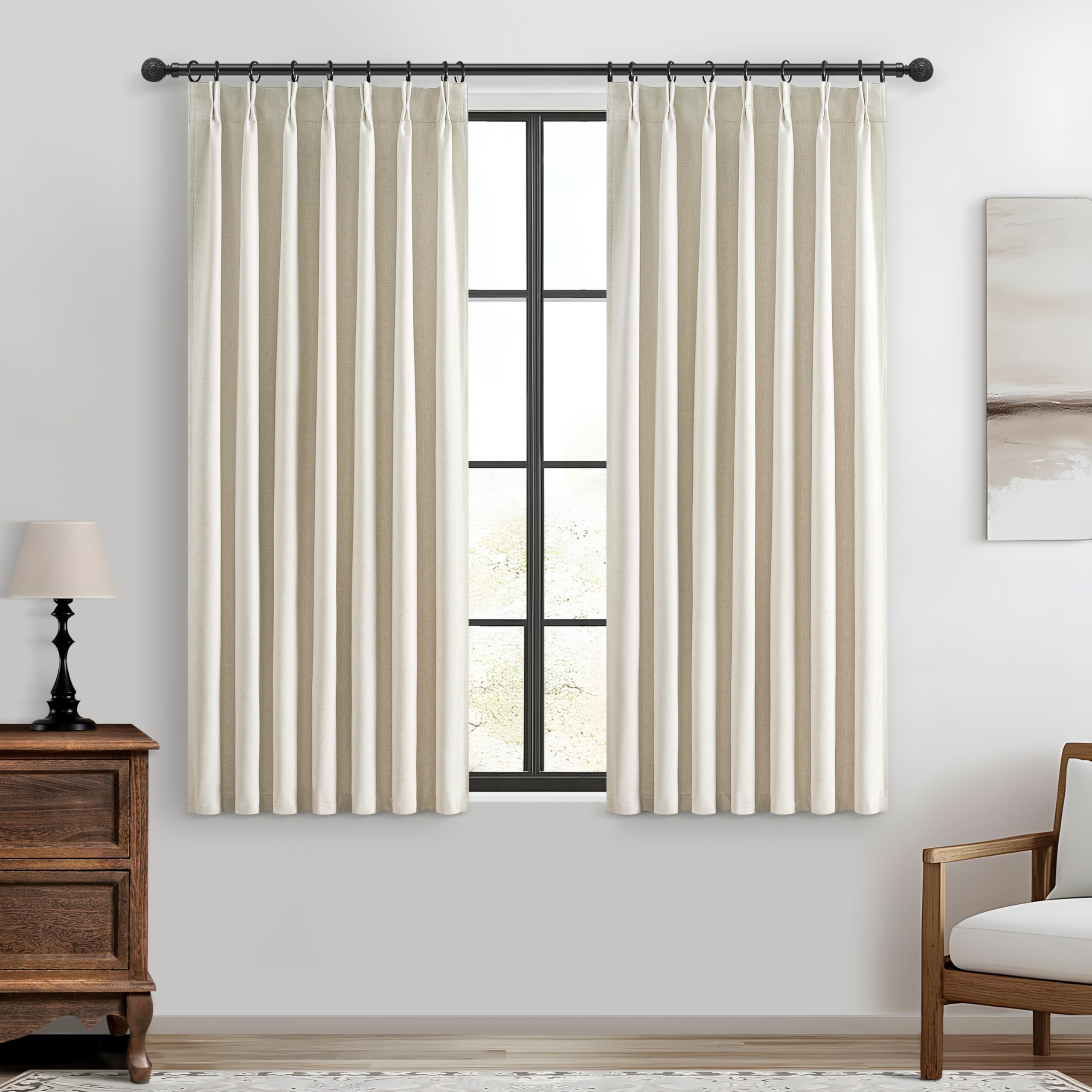 Warm Cream Insulated Thermal Textured Pinch Pleated Cafe Short Curtains 45 Inch Length,Blackout Drapes Flax Linen 2 Panels Set B